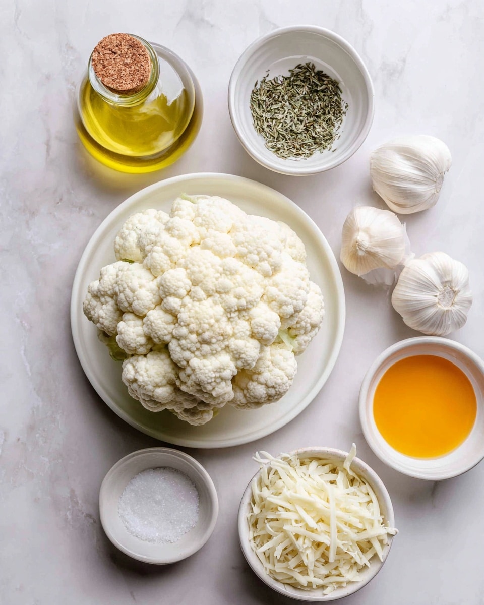 The image shows a white plate with a whole cauliflower on the left side, its creamy white florets and light green stems visible. Around the plate, there are five small white bowls arranged in a loose circle on a white marbled surface. The bowl at the top left contains golden yellow olive oil with a cork stopper, the top middle bowl holds green dried herbs, and the top right bowl has two whole white garlic bulbs. Below those, a small white bowl on the left side holds white salt, and a white bowl on the right has a bright orange liquid, likely melted butter or oil. At the bottom center, a larger white bowl is filled with shredded white cheese, showing a fine texture. photo taken with an iphone --ar 4:5 --v 7