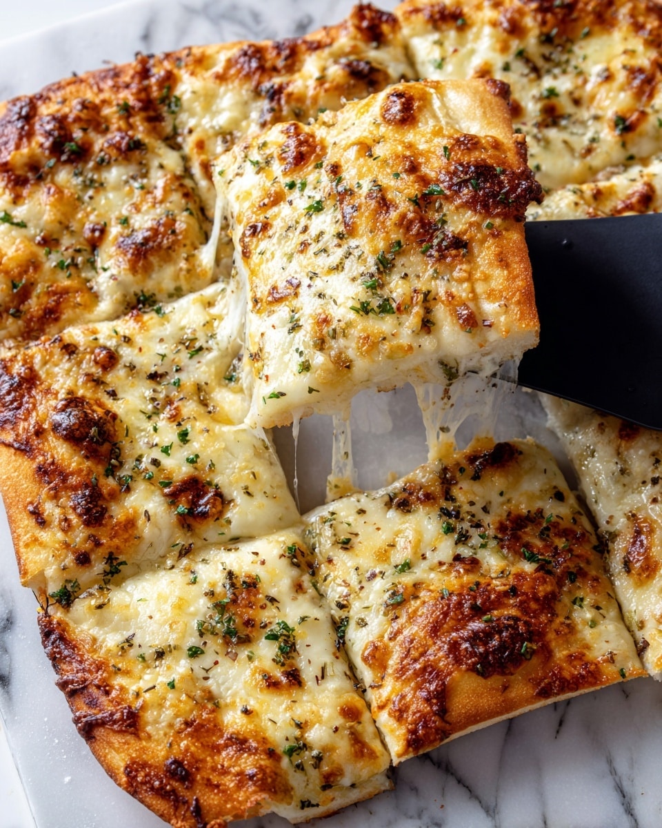 A white pizza with a single thick layer of melted cheese that is golden and slightly browned on top, sprinkled with small green herb pieces and black pepper. The crust is medium golden brown, crispy on the edges, and the cheese stretches in strings from a slice being lifted with a black spatula. The pizza is cut into square slices and sits on a white marbled surface. Photo taken with an iphone --ar 4:5 --v 7