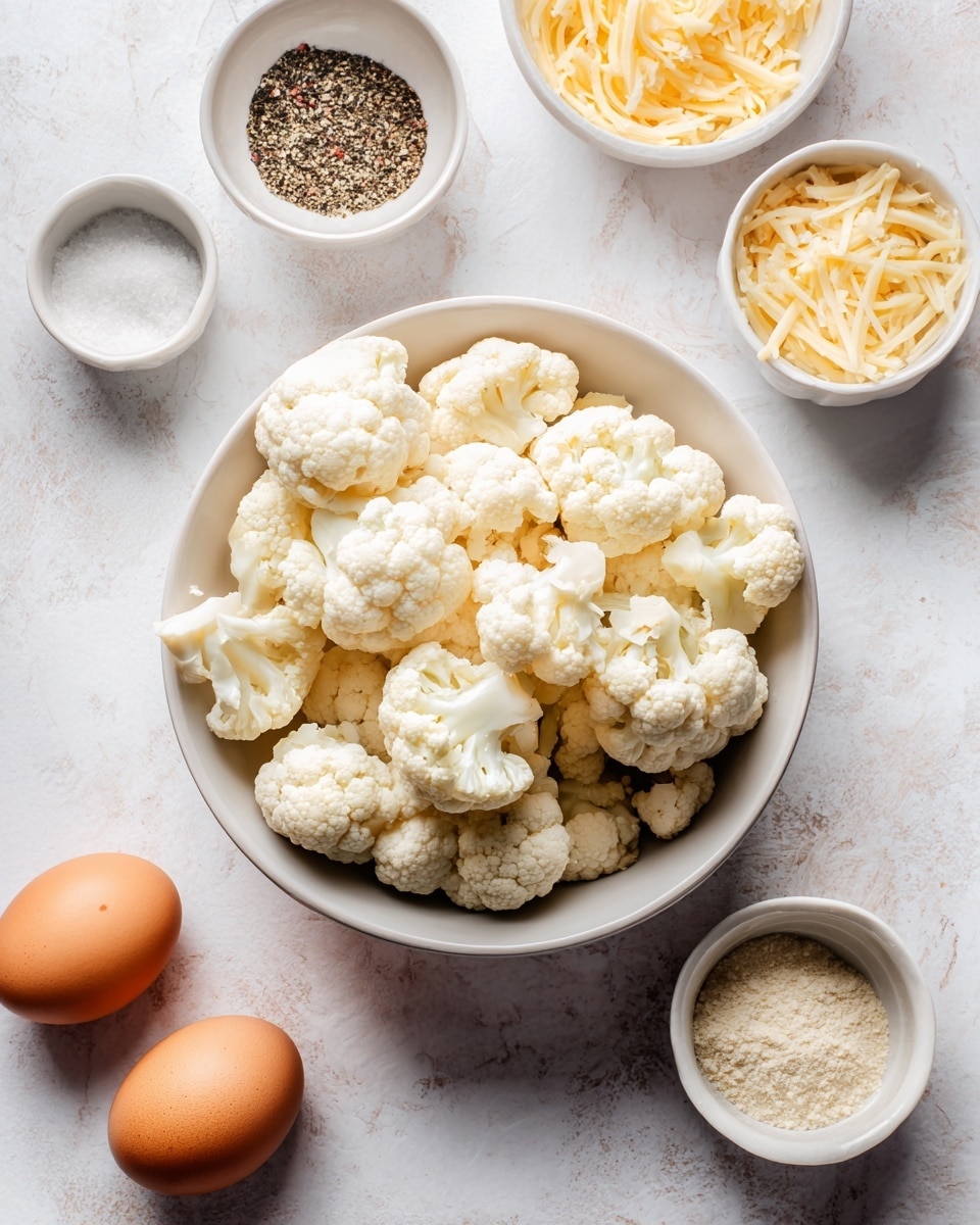 A white bowl filled with many light cream-colored cauliflower florets sits at the top right on a white marbled surface. Surrounding it are five smaller white bowls, one containing pale yellow grated cheese, one with black pepper, one with a beige powder, and one with coarse salt. Two light brown eggs lie next to these bowls near the bottom center of the image. The scene is bright with soft natural light highlighting the textures of the ingredients photo taken with an iphone --ar 4:5 --v 7
