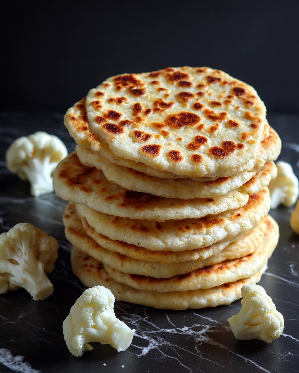 A stack of six golden-brown flatbread rounds with a slightly crispy texture on the edges sits on a dark surface. Around the stack, there are four small pieces of white cauliflower florets placed randomly. The flatbreads have a warm, baked look with a light speckled pattern showing slight browning. The scene is set on a white marbled surface. photo taken with an iphone --ar 4:5 --v 7