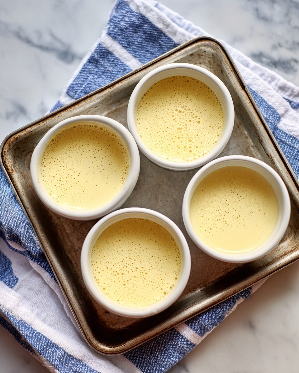 The image shows four small white ramekins filled with a pale yellow liquid, placed in a square metal baking pan. The liquid looks smooth with slight bubbles or foam on the surface. The baking pan rests on a white and blue striped cloth, all set on a white marbled surface. The ramekins are evenly spaced, forming a neat square arrangement. photo taken with an iphone --ar 4:5 --v 7