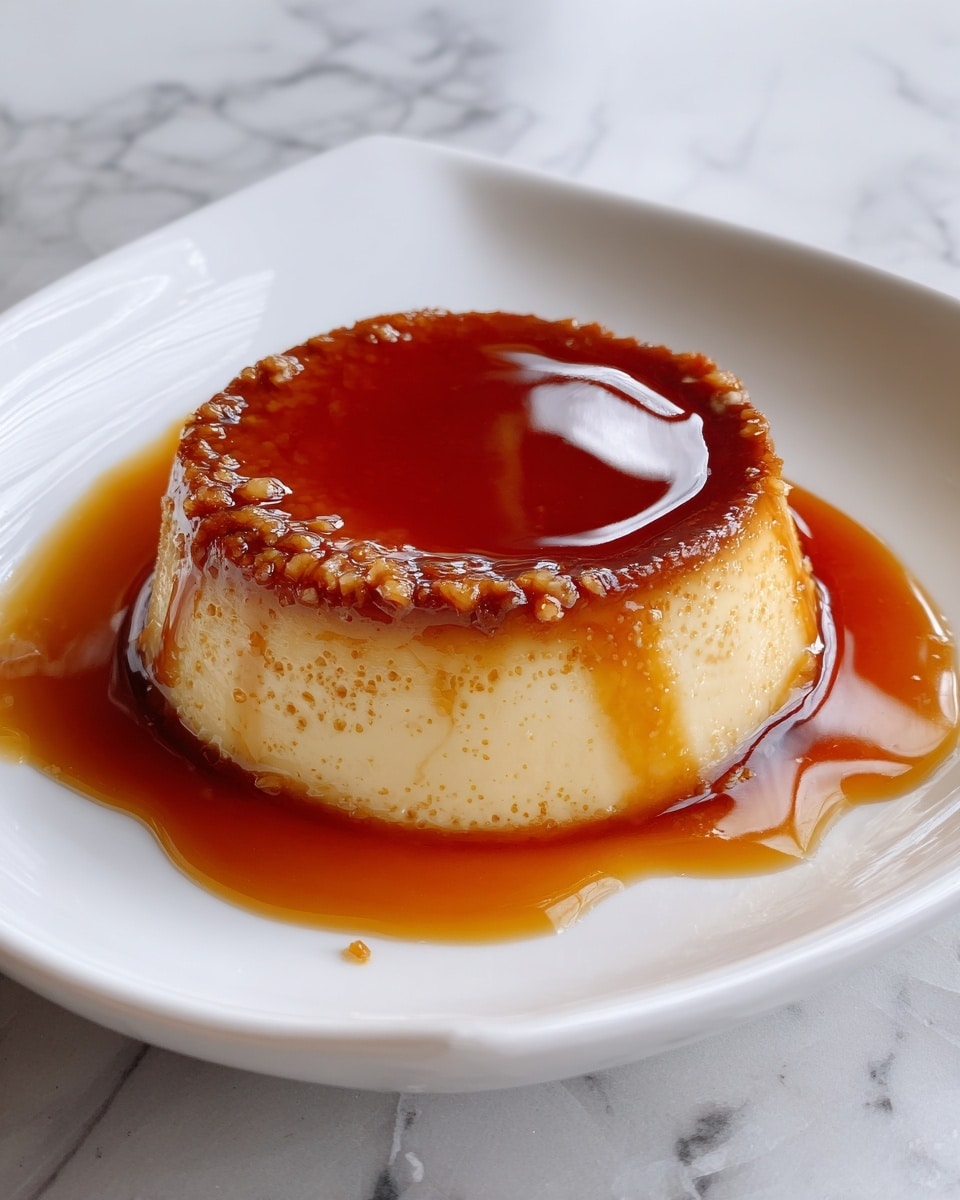 A small round flan with a smooth, creamy light yellow base topped with a shiny, rich caramel brown layer that slightly drips down the sides, sitting in a pool of caramel sauce on a white plate, all placed on a white marbled surface. photo taken with an iphone --ar 4:5 --v 7