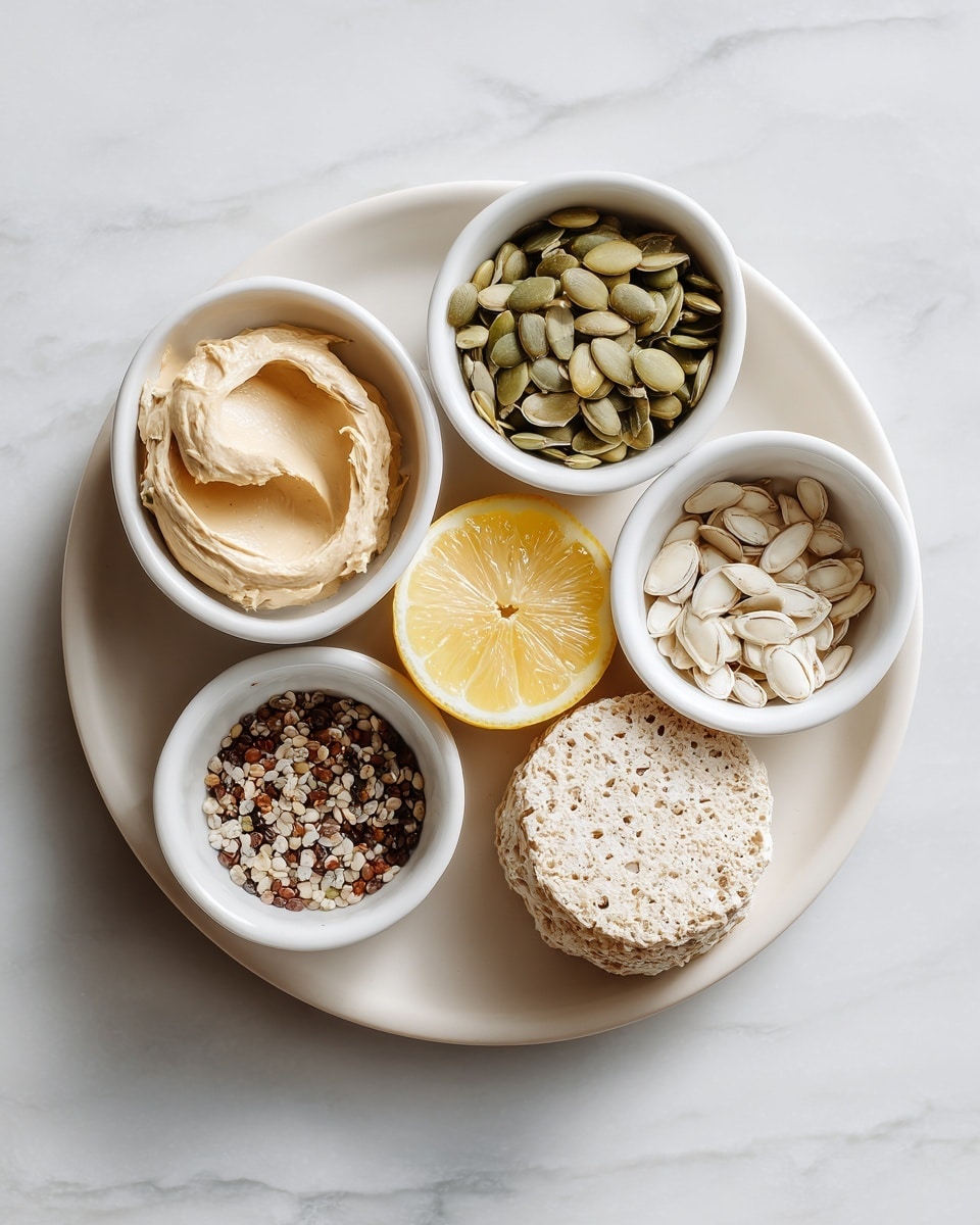 The image shows a white tray with five small white bowls arranged on it. In the top left bowl, there is a creamy beige spread with a smooth texture. The top right bowl is filled with light green pumpkin seeds that have a hard texture. Below on the left, a smaller bowl holds a mix of small brown and white seeds. On the right next to it, there is a halved lemon with bright yellow flesh and pale yellow skin, seeds visible in the center. At the bottom of the tray lies a round, light beige rice cake with a rough, airy texture. The tray is placed on a white marbled surface. Photo taken with an iphone --ar 4:5 --v 7