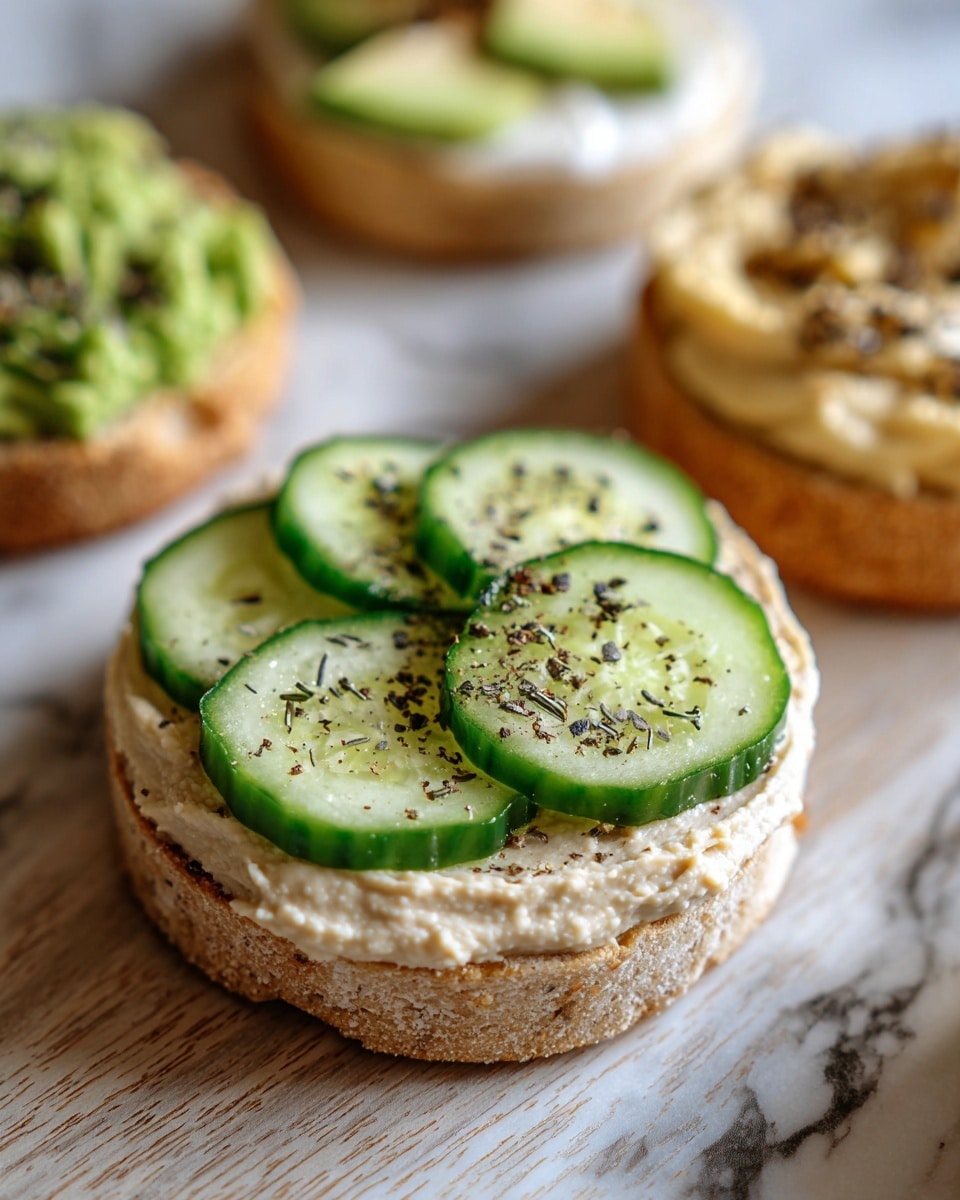 A round rice cake topped with a thick layer of light beige hummus, on which sit four thin, bright green cucumber slices evenly spaced. The cucumber slices are sprinkled with black pepper and dried herbs, adding a speckled dark contrast to the fresh green. The rice cake rests on a light wooden surface with a white marbled texture in the background. Surrounding the main rice cake are parts of other rice cakes topped with green avocado spread and other toppings. photo taken with an iphone --ar 4:5 --v 7