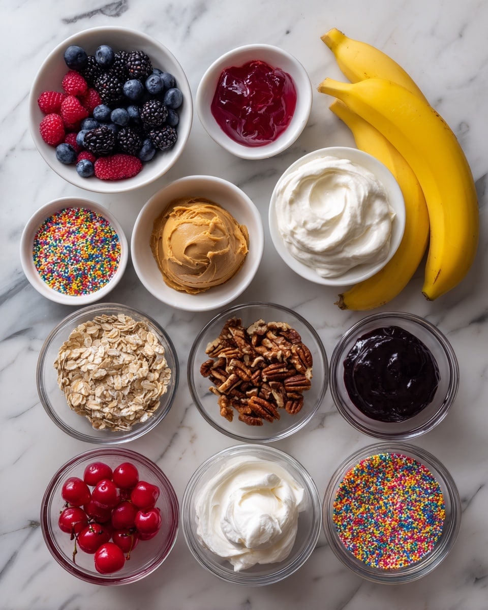 A bright and clean layout of various small white bowls and glass dishes arranged on a white marbled surface, filled with colorful food items. From the top left, a white bowl holds mixed fresh berries including deep blue blueberries, dark blackberries, and red raspberries. To the right, two yellow ripe bananas lean against the bowls. Below the berry bowl, a glass dish contains red jelly, next to it, a white bowl is filled with fluffy white yogurt. Nearby, another glass dish has a smooth ball of peanut butter, and below that is a glass dish with dark blueberry jam. To the right, a small white bowl contains broken pecan nuts, and below that, another white bowl is filled with oat granola. Further down, a glass bowl holds white whipped cream, beside it is a glass dish with bright rainbow sprinkles. At the bottom, a glass dish with three shiny red maraschino cherries completes the spread. The photo is taken with an iphone --ar 4:5 --v 7