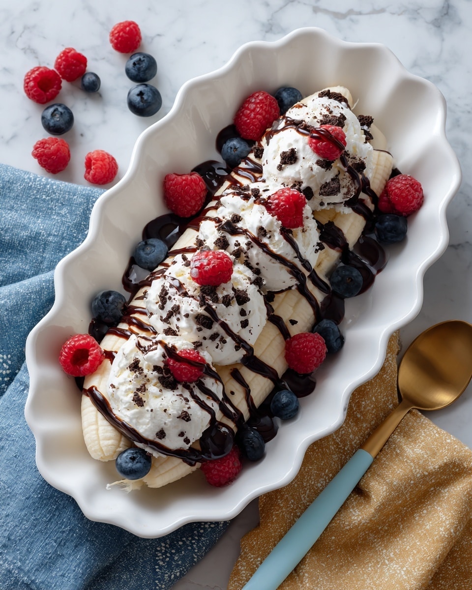 A white scalloped dish holds a banana split style dessert. The base layer consists of one peeled banana, sliced lengthwise and laid on the dish. On top, there are dollops of creamy white ice cream packed with crushed dark cookies. Scattered fresh red raspberries and small blue blueberries add bright color on top. The dessert is finished with dark chocolate syrup drizzled evenly in thin lines. The dish is placed on a white marbled surface, with a pale blue spoon set to the right and a yellow cloth nearby. photo taken with an iphone --ar 4:5 --v 7