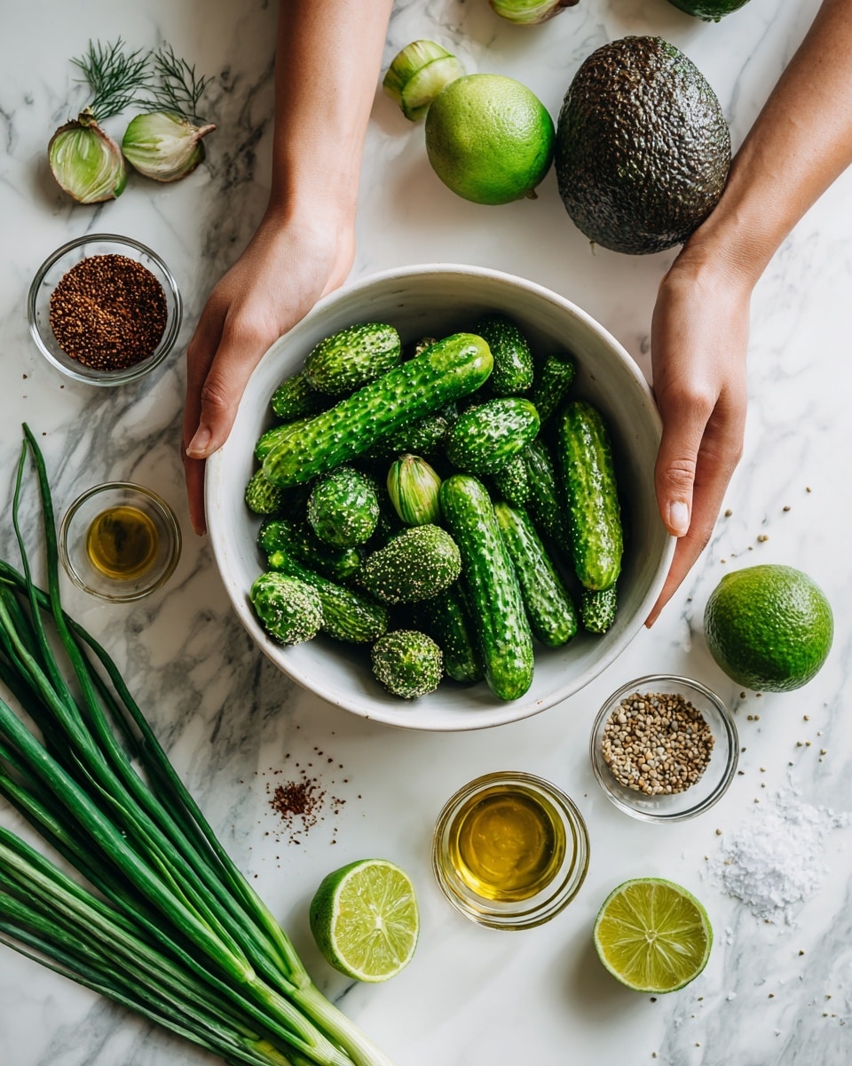 The image shows a white bowl filled with a mix of fresh green cucumbers and small pickles, all with rough, bumpy textures. Around the bowl on a white marbled surface are long green onion stalks, a whole dark green avocado, a round green lime, and small clear bowls containing coarse seeds, brown spices, and golden oil. The colors are mostly various shades of green with natural rough and smooth textures. photo taken with an iphone --ar 4:5 --v 7