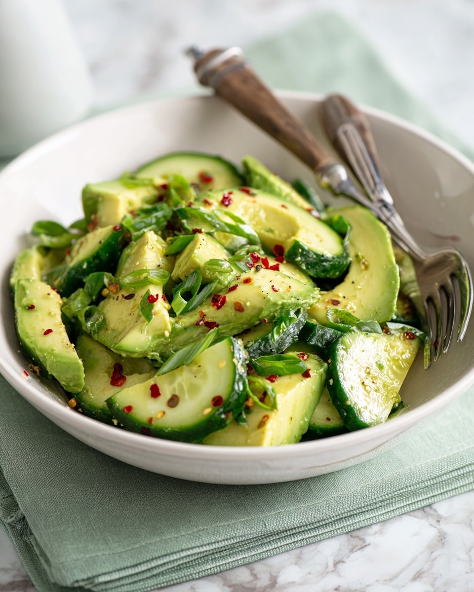 A white bowl filled with a fresh salad featuring two main layers: large pieces of light green avocado that have creamy texture and bright green slices of cucumber with darker green edges, both mixed together. Small green onion slices add a darker green pop scattered evenly throughout. Red chili flakes bring small specks of red spread across the salad for a hint of spice. The bowl sits on a light green cloth on a white marbled surface with a silver and wooden handle fork placed nearby. Photo taken with an iphone --ar 4:5 --v 7