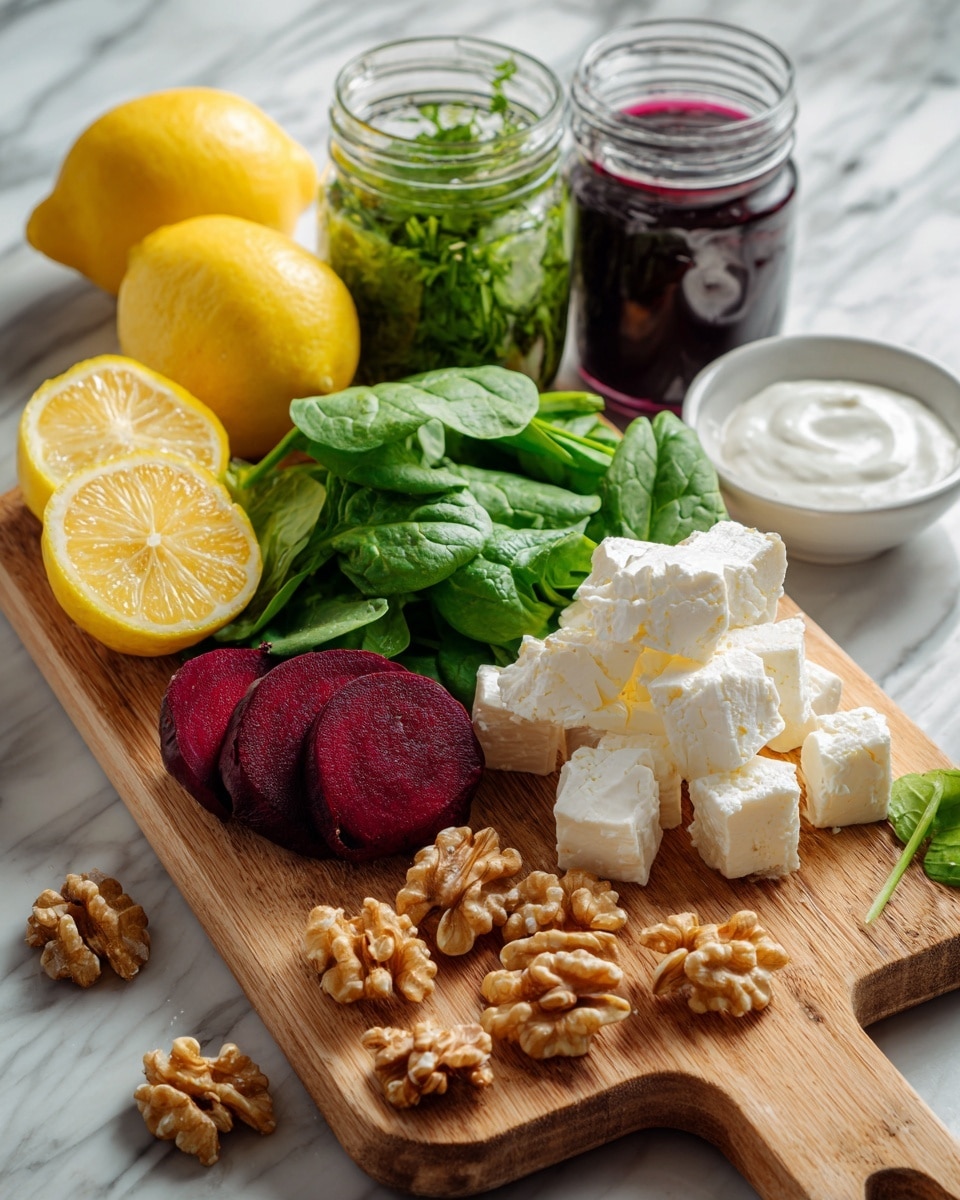 The image shows a wooden board with several fresh ingredients neatly arranged on a white marbled surface. On the left side, there are bright yellow lemons and red beetroot slices with a smooth texture. Next to them, a cluster of white cheese cubes with a crumbly texture sits in the middle. Behind the cheese, fresh green spinach leaves create a soft pile. To the right, there is a small white bowl filled with walnuts, and around the board, some whole walnut halves are scattered. Two glass jars—one with green herbs and the other with dark purple beet juice—are placed near the back. A small white bowl containing a white creamy sauce completes the layout. The setup is clean and colorful, with natural light making the colors clear and fresh. Photo taken with an iphone --ar 4:5 --v 7