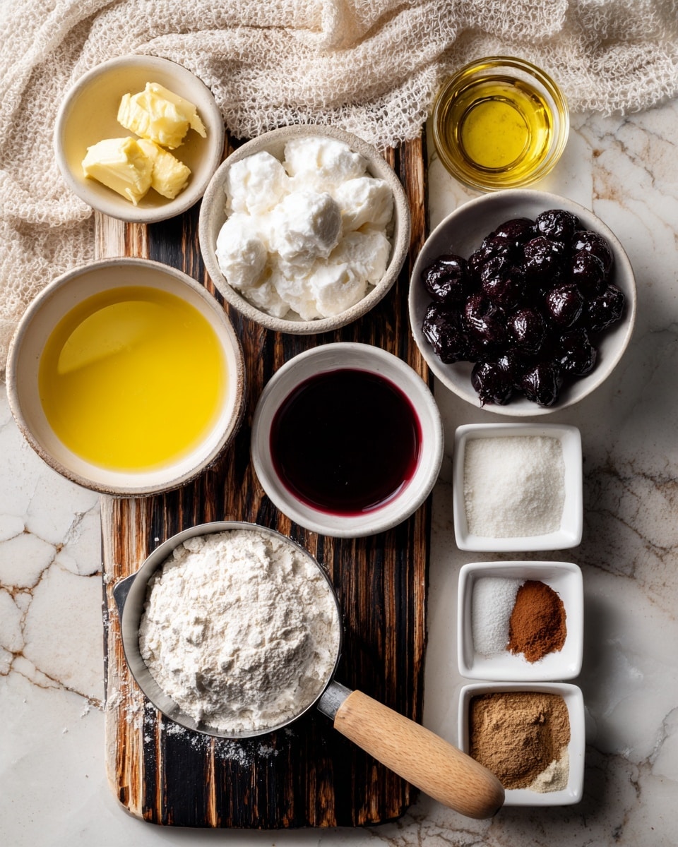 A top view of several small white bowls filled with different ingredients arranged on a white marbled and dark wooden surface: a bowl with yellow melted butter on the left, white cream in the bowl above it, dark red syrup in the bowl below, a bowl of frozen dark purple berries to the right, and four small square bowls with white powder, brown powder, and liquids near the berries. In the bottom center is a metal measuring cup with a wooden handle filled with white flour. The background includes a beige textured cloth at the top. Photo taken with an iphone --ar 4:5 --v 7