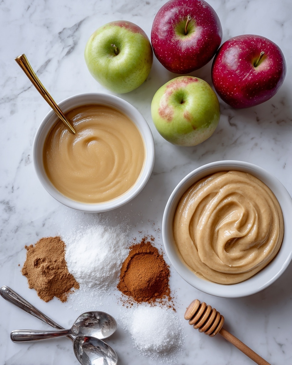 The image shows a white bowl filled with thick beige sauce in the top left corner, with a gold spoon resting inside. Near the bowl are three apples in red and green colors placed on a white marbled surface. To the right, there is another white bowl with smooth, light brown puree. Below the apples and bowls, there is a pile of white powder, small heaps of brown cinnamon, sugar, and salt on the white marble. A honey dipper with honey lies diagonally near the bottom right corner. Two small silver measuring spoons rest near the bottom left. Photo taken with an iphone --ar 4:5 --v 7