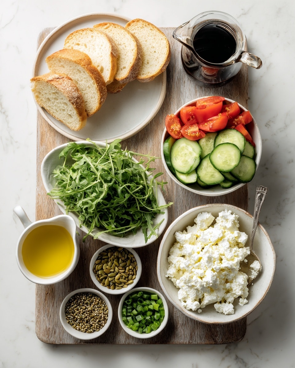 The image shows a wooden board on a white marbled surface holding various ingredients for a meal. On the top left, there are three slices of bread with a light brown crust placed on a white round plate. To the right, a white bowl contains slices of cucumber and tomato, arranged in layers with green cucumber on top followed by red tomato slices. Below, there is a white bowl filled with cottage cheese, with a spoon inside. To the left of the cottage cheese, an irregular white bowl holds fresh green arugula leaves. Below this, three small bowls sit in a row: the first contains light hemp seeds, the second green pumpkin seeds, and the third finely chopped green onions and herbs. Next to these bowls is a small white cup with yellow olive oil. A dark bottle of balsamic glaze is angled on the left side of the board. photo taken with an iphone --ar 4:5 --v 7