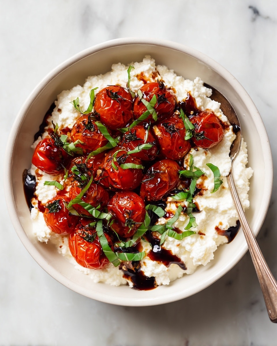The image shows a white bowl filled with creamy white cottage cheese, topped with roasted bright red cherry tomatoes that have a slightly wrinkled texture. On top, fresh green basil leaves are scattered evenly, adding a pop of vibrant color. Dark brown balsamic glaze is drizzled over everything, creating thin shiny lines that contrast with the white cheese and red tomatoes. A spoon rests inside the bowl on the right side, and the bowl is placed on a white marbled surface. photo taken with an iphone --ar 4:5 --v 7