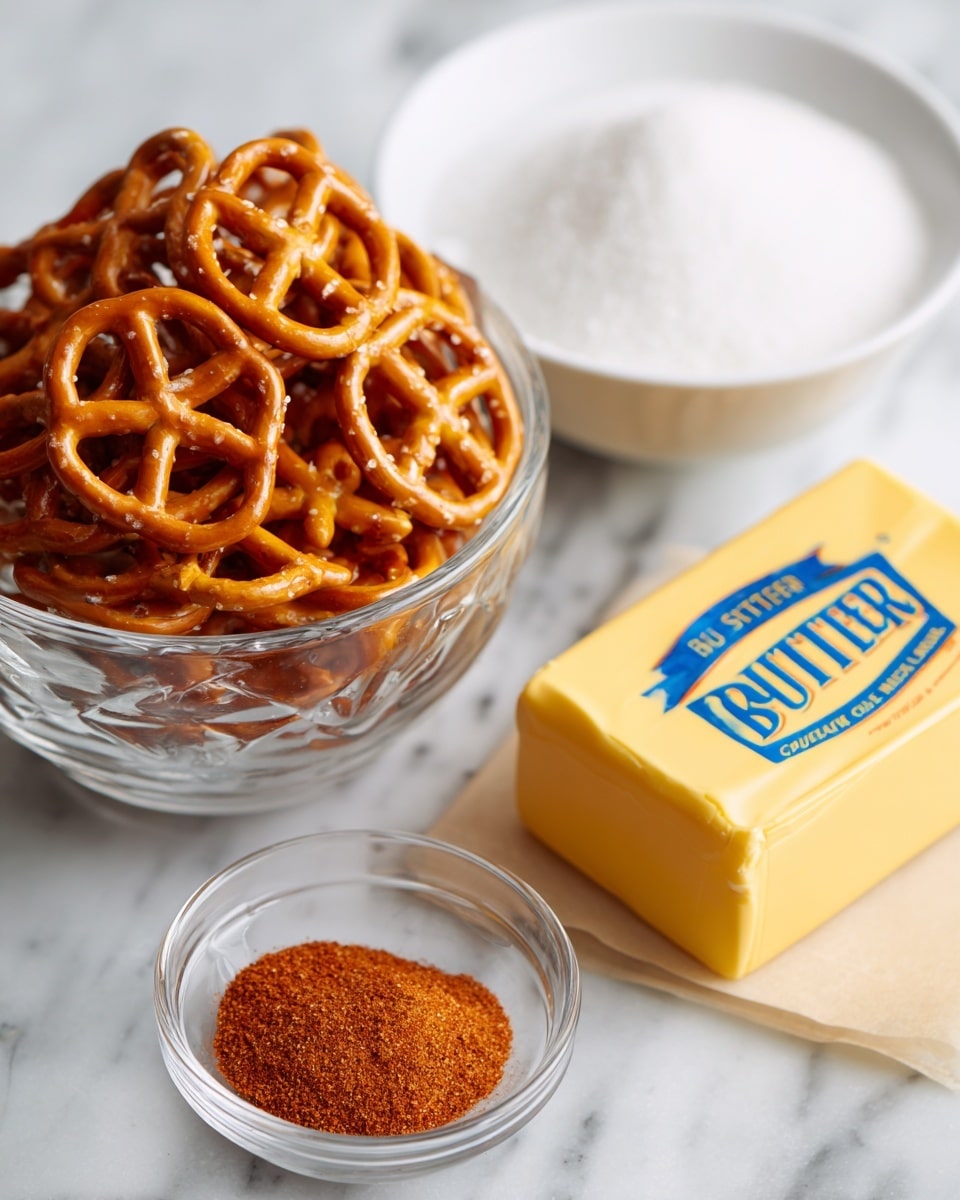 The image shows a clear glass measuring cup filled with golden brown pretzels, positioned on a white marbled surface. Next to the measuring cup, there is a white bowl filled with white granulated sugar. In the foreground, there is a stick of yellow butter wrapped in a light yellow paper wrapper with blue text, lying flat on the surface. There is also a small clear glass bowl containing a reddish-brown powder, likely a spice, placed near the butter. Photo taken with an iphone --ar 4:5 --v 7