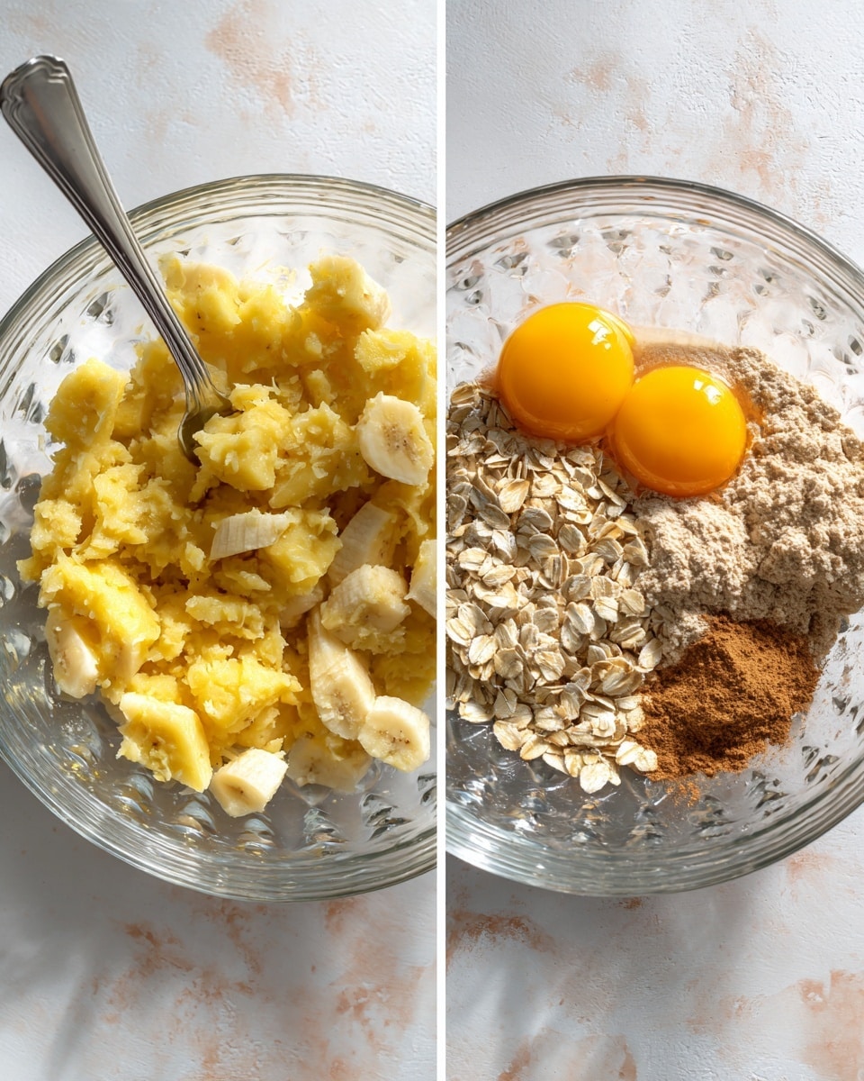 Two side-by-side photos show the process of making a mixture in a clear glass bowl on a white marbled surface. In the left photo, a peeled banana is being mashed with a silver fork, bright yellow banana pieces starting to form at the bottom of the bowl. In the right photo, the bowl holds two whole raw eggs with bright yellow yolks on the top right side, a pile of light beige rolled oats on the bottom left, mashed banana pieces on the bottom right, and a small mound of brown cinnamon near the oats. The clear bowl's textured ridges are visible, and the lighting is bright and natural. Photo taken with an iphone --ar 4:5 --v 7