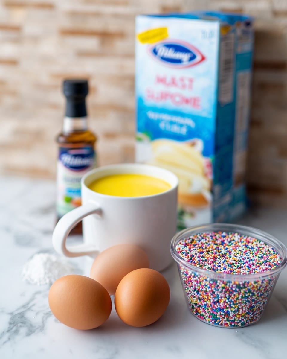 The image shows a box of Pillsbury Moist Supreme Classic White cake mix standing upright at the back. In front of the box, there is a white cup filled with yellow liquid, two brown eggs placed side by side, a small bottle of vanilla extract with a black cap, and a clear container of colorful round sprinkles with a blue lid. All items are arranged on a white marbled surface with a textured light brown stone wall in the background. photo taken with an iphone --ar 4:5 --v 7