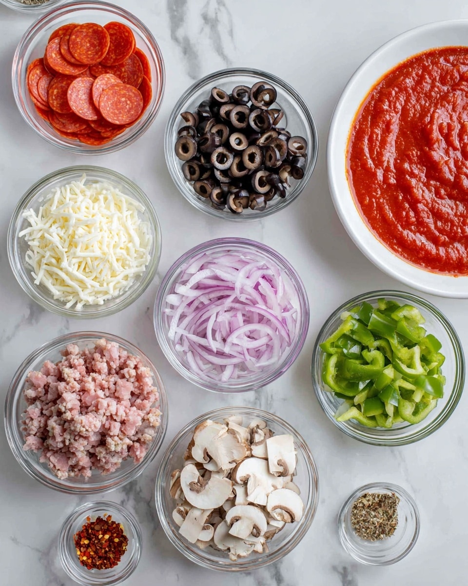 The image shows eight small glass bowls arranged on a white marbled surface, each filled with different pizza toppings. Starting from the top left, there are slices of red pepperoni, followed clockwise by a bowl of white grated cheese, black olive slices, chopped red onion, cooked ground meat, sliced pink ham, chopped green bell peppers, and sliced white mushrooms, with a small bowl of red chili flakes in the bottom left corner. On the right side, part of a white plate filled with red tomato sauce is visible. The colors are vibrant and the textures clear, showing the fresh and prepared ingredients neatly separated. Photo taken with an iphone --ar 4:5 --v 7