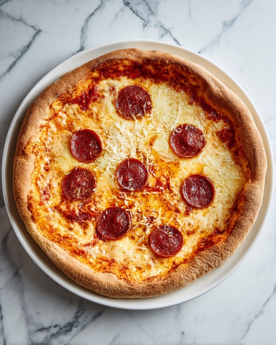 A round pizza with a thick golden-brown crust around the edge, topped with melted cheese that is light orange and white in color, spread evenly across the surface. There are several round, dark red slices of pepperoni scattered on top. The pizza is placed on a white plate, set on a white marbled surface. The photo taken with an iphone --ar 4:5 --v 7