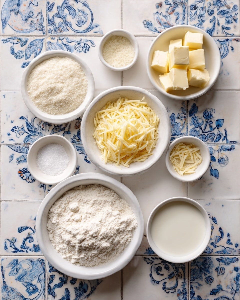 The image shows seven small white bowls and plates arranged neatly on a white marbled surface with blue and white patterned tiles underneath. The largest bowl, placed in the center near the bottom, holds white flour with a powdery texture. To its right, a smaller white bowl contains shredded yellow cheese with a soft texture. Above the cheese, another white bowl has small pale yellow cubes, likely butter. To the left of the butter is a small white plate with a white granular substance, possibly sugar or salt. Next to that, there is a tiny white bowl with a pale yellow powder. Below the flour, a white bowl contains white liquid, likely milk. All the bowls and plates are viewed from above, showing clear details of their contents. photo taken with an iphone --ar 4:5 --v 7