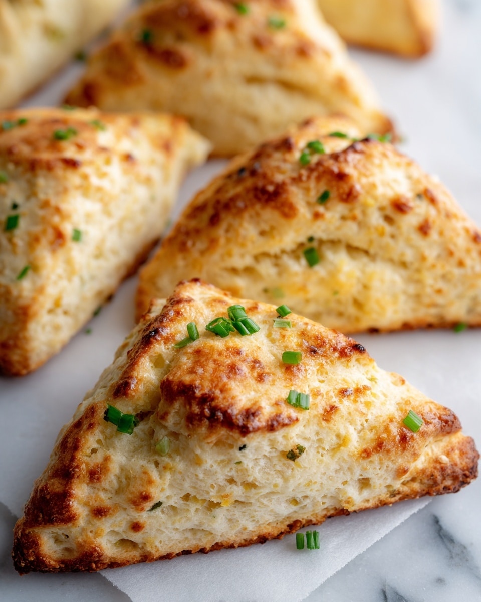 The image shows a close-up of triangular scones with a golden-brown crust, placed on white parchment paper on a white marbled surface. Each scone has a light, flaky texture with visible layers and is topped with small green herbs, likely chives. The scones are arranged closely together, filling the frame with a warm, inviting look. Photo taken with an iphone --ar 4:5 --v 7