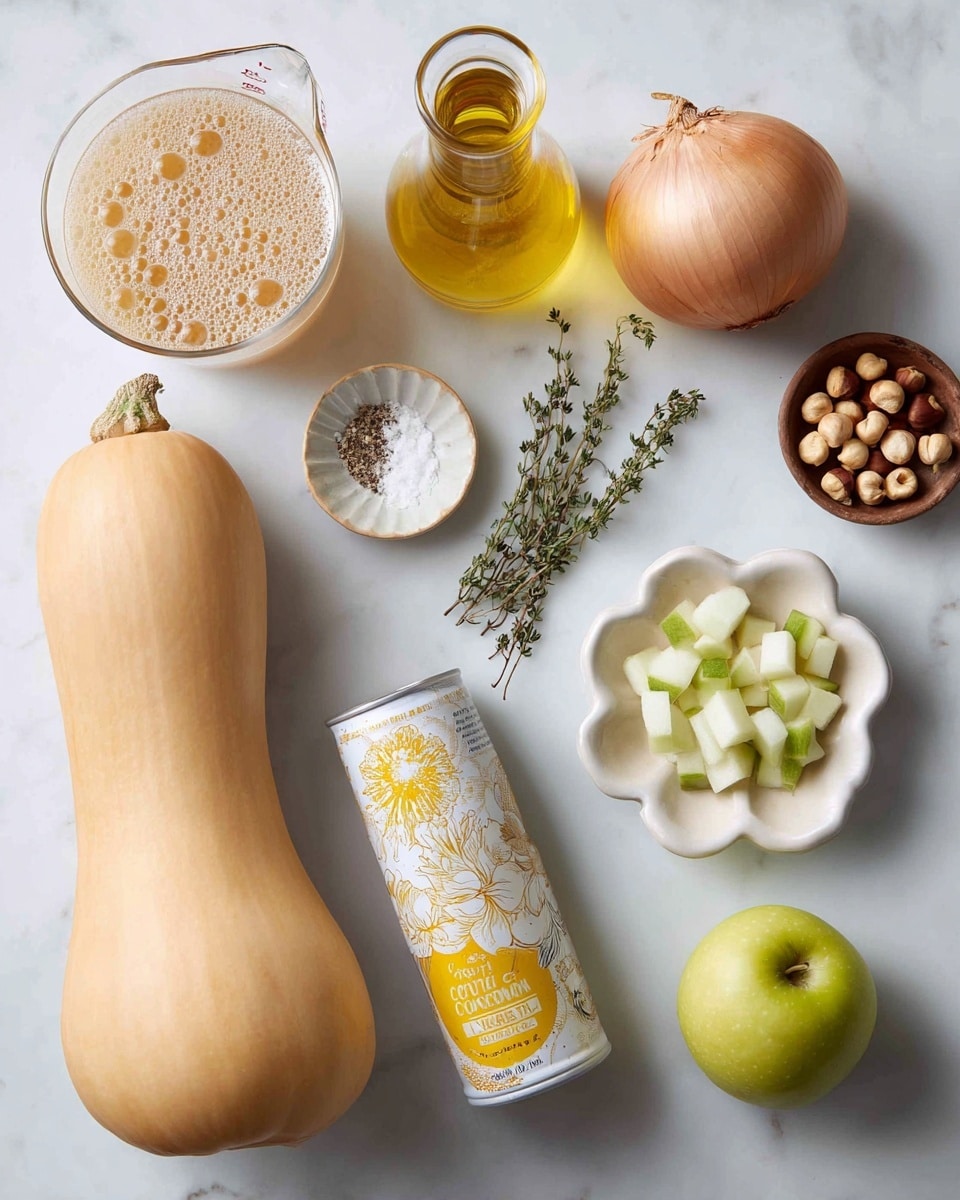A large butternut squash with smooth light orange skin lies diagonally on a white marbled surface. Above it is a glass measuring cup filled with beige broth with small bubbles. Next to the broth is a tall, clear bottle with golden cooking oil. Near the top right is a round, light brown onion with dry skin. Below the onion is a small white plate holding a mix of white salt and black pepper. On the right side, a white bowl shaped like a flower holds chopped light green apple pieces. At the bottom right corner, a whole green apple sits. Scattered near the bottom left are three garlic cloves and a small brown bowl filled with chopped hazelnuts. Above the garlic is a sprig of fresh green thyme. In the middle of the scene lies a 400 ml can of organic coconut milk with a yellow and white label showing coconuts. photo taken with an iphone --ar 4:5 --v 7