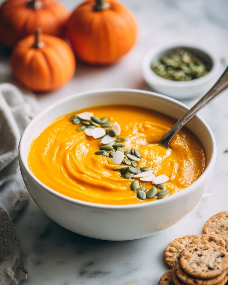 A white bowl is filled with smooth, thick orange soup, likely pumpkin or squash, with a spoon inside creating a swirl texture on the right side. The top of the soup is decorated with a diagonal line of green pumpkin seeds and small white almond slices on the left side. Near the bowl, on a white marbled surface, there is a small white dish holding extra pumpkin seeds, two whole orange pumpkins, and some rustic crackers partially shown on the bottom right corner. The soft lighting highlights the creamy texture of the soup and the fresh look of the seeds. Photo taken with an iphone --ar 4:5 --v 7