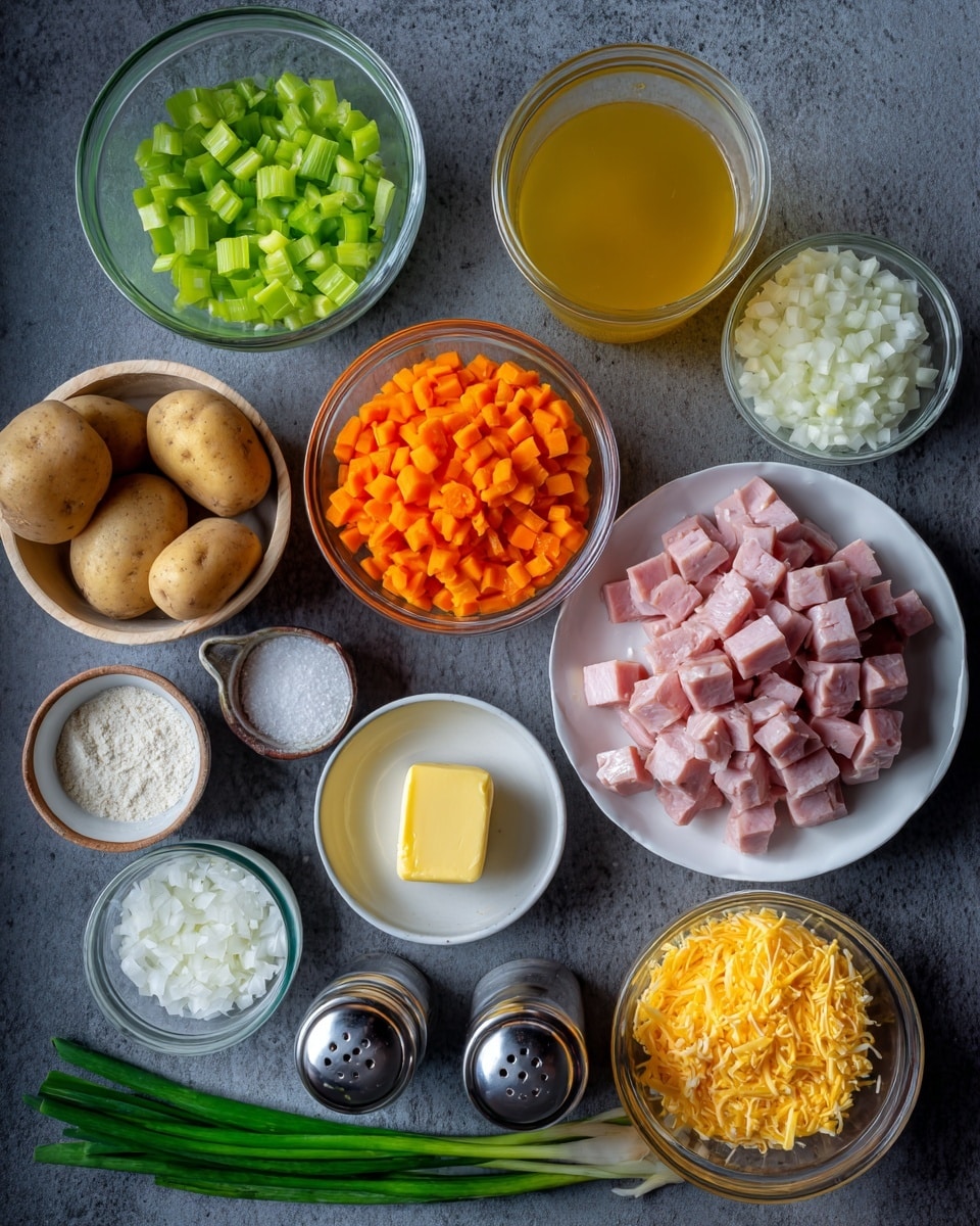 A dark textured surface holds an arrangement of cooking ingredients laid out in neat layers: at the top left, there is a small transparent bowl with bright green chopped celery in cube shapes, next to it a tall glass jar filled with clear golden-yellow broth; below the celery, a clear bowl holds finely chopped vivid orange carrots, followed by a clear bowl filled with finely diced white onions at the bottom right. Next, a wider white bowl contains a soft yellow block of butter, and a smaller white bowl nearby holds a few cloves of peeled garlic. To the plate’s right, a white plate is filled with large irregular chunks of pink ham scattered across it, sitting beside two medium-sized, light brown potatoes. In the lower part of the layout, a small wooden bowl filled with white flour is placed alongside two silver salt and pepper shakers. A small white cup filled with sour cream and a measuring cup with bright orange shredded cheese complete the scene, alongside green onions forming a fresh green bottom border. photo taken with an iphone --ar 4:5 --v 7