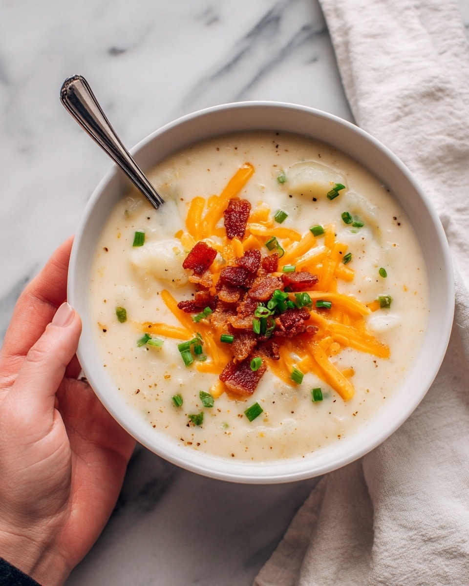 A white bowl filled with creamy soup topped with shredded orange cheese, small pieces of crispy bacon, and chopped green onions. The soup has a smooth, thick texture with visible chunks of potatoes blending into the creamy liquid. A spoon is placed inside the bowl resting on the right side, held by a woman's hand. The bowl is sitting on a white marbled surface with a soft white cloth partially visible to the lower right. The lighting highlights the warm tones and rich texture of the soup, creating a fresh and inviting look photo taken with an iphone --ar 4:5 --v 7
