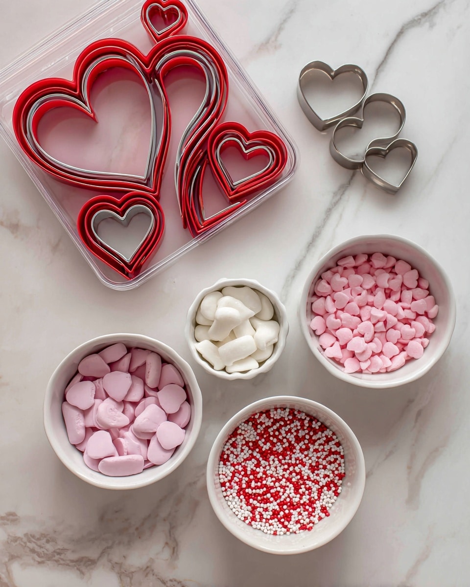 The image shows a set of heart-shaped cookie cutters in different sizes with red edges and silver metal centers, arranged together in a plastic box on the left. On the right, there are three white bowls: one with white candy melts, one with pink candy melts, and a smaller pink bowl with red and white heart-shaped and stick sprinkles. Next to the bowls is a single silver metal heart-shaped cookie cutter. The whole setup is on a white marbled surface. photo taken with an iphone --ar 4:5 --v 7