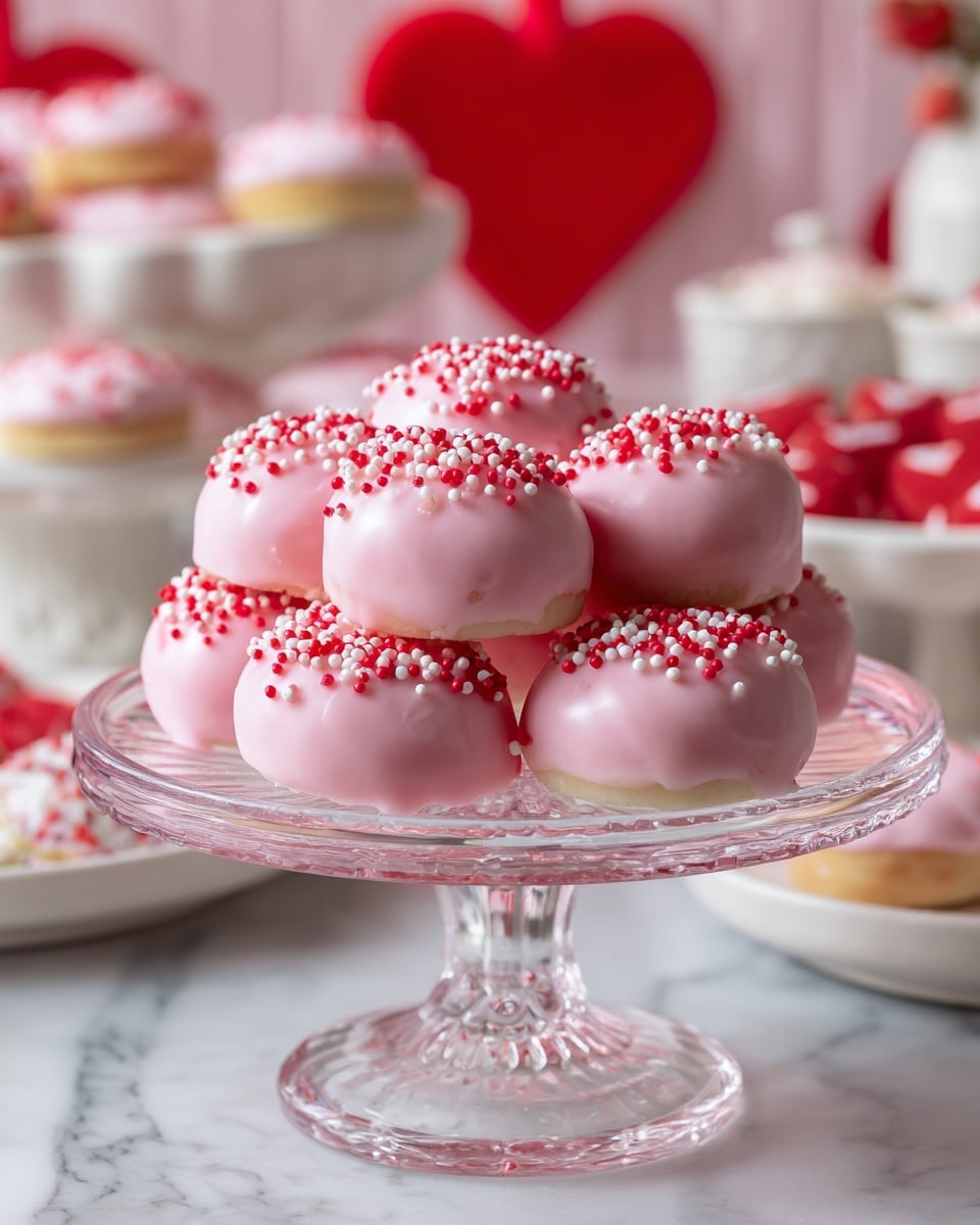 The image shows a glass cake stand filled with round, pink treats stacked in two layers. Each treat is coated smoothly with pink icing and decorated on top with small, round red and white sprinkles. The stand sits on a white marbled surface, and in the background, there are blurred red and white heart decorations and other sweet treats in white dishes. photo taken with an iphone --ar 4:5 --v 7