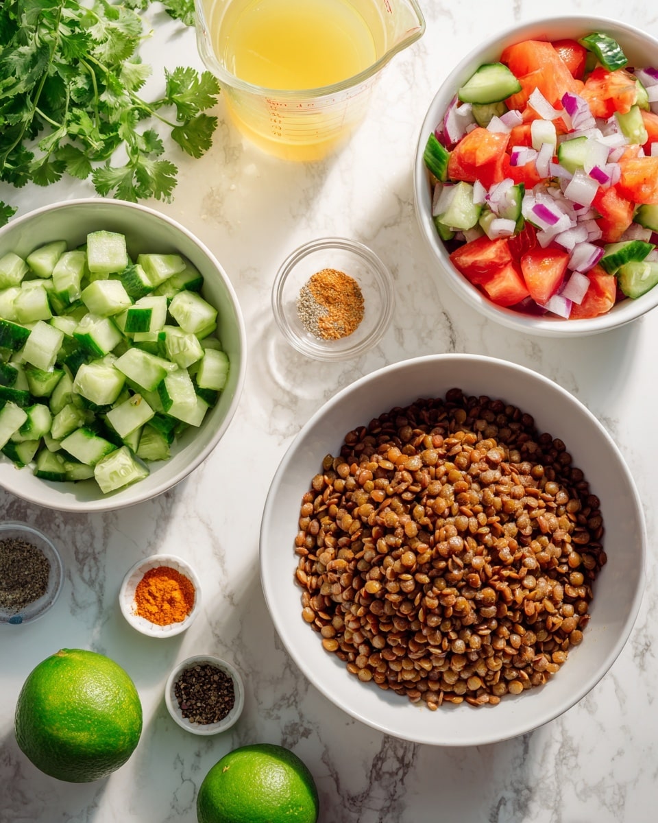 The image shows a white bowl filled with cooked lentils that have a soft, brown texture, placed on a white marbled surface. Above it, a white mixing bowl contains a colorful chopped salad made of red tomatoes, white onions, and green cucumbers. To the left, a smaller white bowl holds chopped cucumbers with a fresh, green color. Around these bowls, there are small piles and containers of spices with colors ranging from orange, brown, and yellow to white. A clear glass measuring cup with a yellow liquid, likely broth or juice, is also present. Two green limes are placed near the bowls, and some fresh cilantro leaves add a touch of bright green to the scene. The setup is neat and all items rest on a white marbled surface. photo taken with an iphone --ar 4:5 --v 7