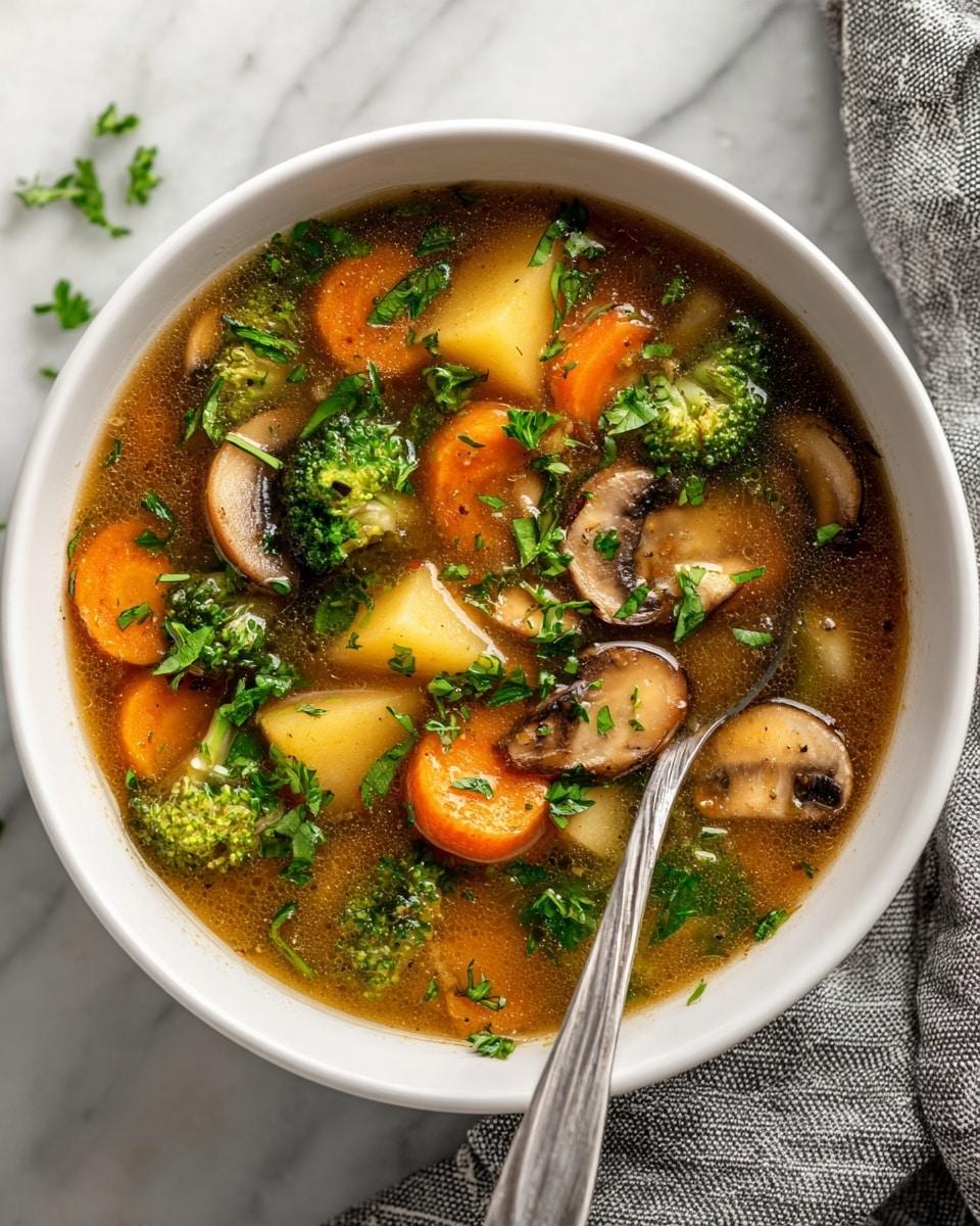 A white bowl filled with thick vegetable soup showing multiple layers: soft green broccoli florets, bright orange carrot slices, beige potato chunks, brown mushrooms with light stems, and small green parsley leaves spread on top; the soup base is a textured, slightly cloudy brown broth holding all the vegetables together. A silver spoon rests inside the bowl, partially submerged, on a white marbled surface with a gray striped cloth nearby. photo taken with an iphone --ar 4:5 --v 7