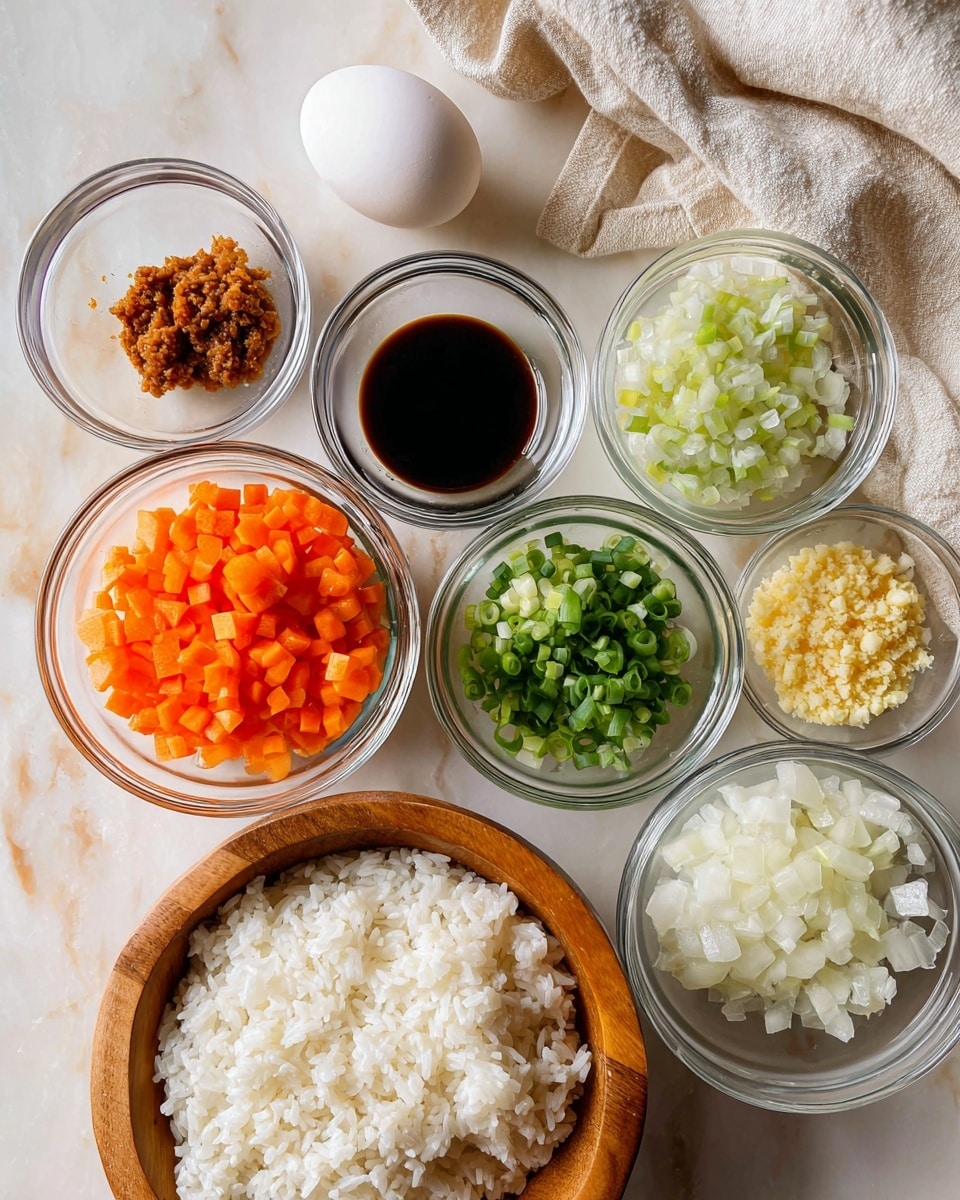 The image shows seven clear glass bowls and one wooden bowl arranged on a white marbled surface. The wooden bowl at the bottom contains white rice with a soft and fluffy texture. Moving clockwise, there's a glass bowl filled with small, bright orange diced carrots, then one with chopped white onions showing tiny cube shapes. Next is a bowl with chopped green onions cut into small pieces, adding a fresh green color. Above the wooden bowl, a single white egg is positioned. To the left of the egg, a small glass bowl holds a wet brown minced paste, and next to it is another small bowl with a dark brown liquid, likely soy sauce. Above that, a small bowl contains finely minced yellow garlic. Light beige cloth fabric is placed around the edges, adding softness to the scene. The photo taken with an iphone --ar 4:5 --v 7