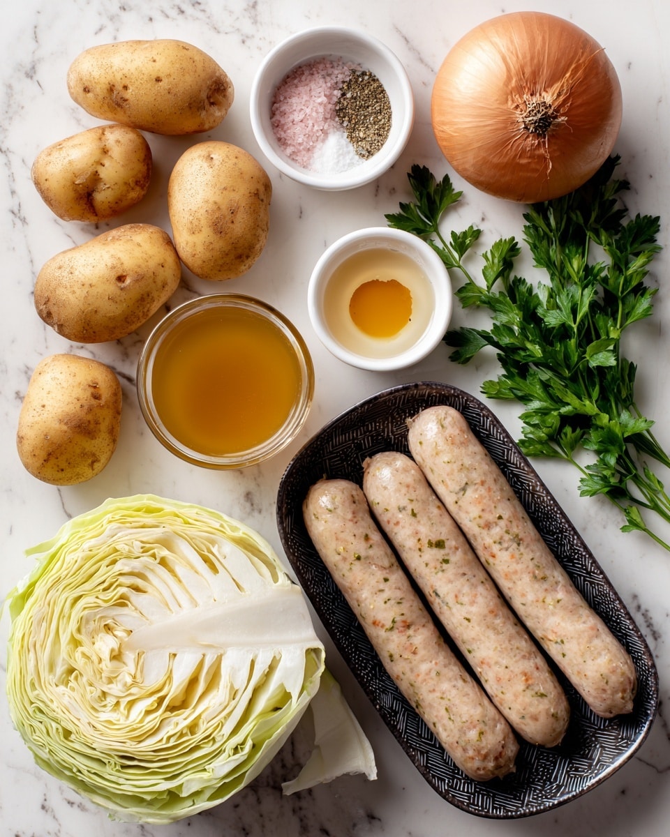 The image shows raw ingredients on a white marbled surface. At the top, there are three tan potatoes with rough skins, next to a brown onion with its root still attached. Below them, a small white bowl holds pink salt and ground black pepper side by side. To the right, fresh green parsley leaves spread out beside another small white bowl containing a clear yellow liquid. Below that, four pale brown sausages with visible herbs inside are in a black patterned plastic tray. On the bottom left, half a head of cabbage shows tightly packed pale green and creamy white layers. In the bottom center, a glass measuring cup is filled with light brown broth, and next to it, a small white bowl contains amber-colored liquid with a dollop of grainy mustard. photo taken with an iphone --ar 4:5 --v 7