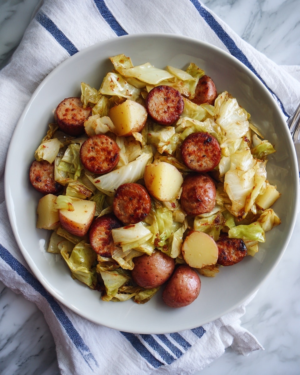 The image shows a white round plate filled with a cooked mix of vegetables and sausage slices. The dish has roughly chopped pieces of cabbage that are pale green with a soft texture and some browning on the edges. The thick sausage slices are browned and have a slightly crispy surface with a reddish-brown color. There are also chunks of small red potatoes with golden-brown seared sides, scattered evenly around the plate. The plate is placed on a larger blue plate, all set on a white marbled surface with a piece of white cloth with blue stripes next to it. Photo taken with an iphone --ar 4:5 --v 7