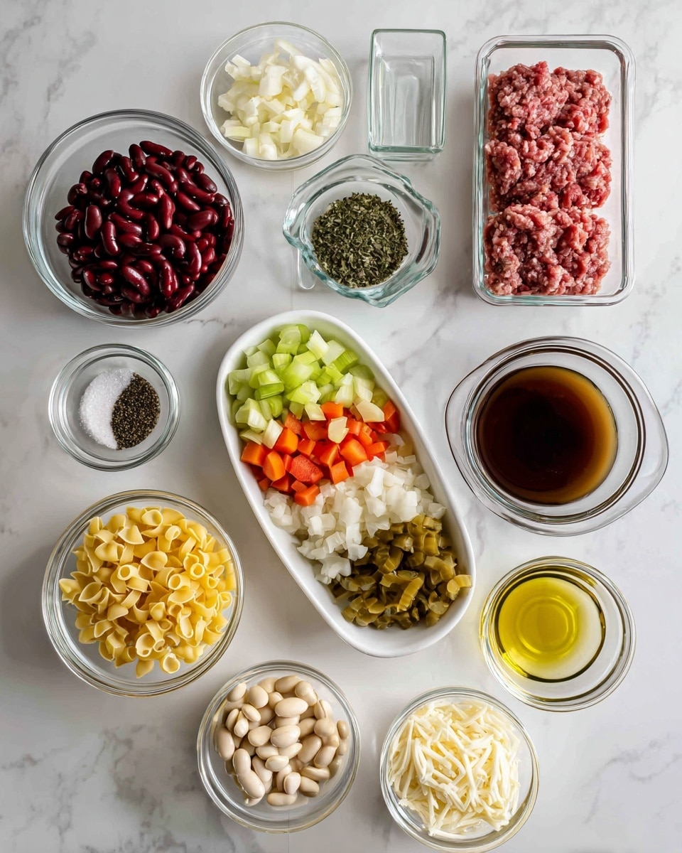 A top view of multiple clear glass and white bowls arranged on a white marbled surface, each holding different ingredients: a glass bowl with dark red kidney beans, a white oval bowl with three layers of chopped vegetables including orange carrots, green celery, and white onions, a small glass bowl of dark green dried herbs, another with mixed salt and black pepper, a larger glass bowl with dark brown broth, a clear rectangular glass container of raw ground meat pink in color, a glass bowl with bright yellow small pasta shapes, a glass bowl filled with tomato chunks and sauce, a small glass bowl of light golden olive oil, another glass bowl with minced garlic, a bowl with shredded pale yellow cheese, and a glass bowl containing white beans. The colors and textures contrast well on the white marbled background. photo taken with an iphone --ar 4:5 --v 7