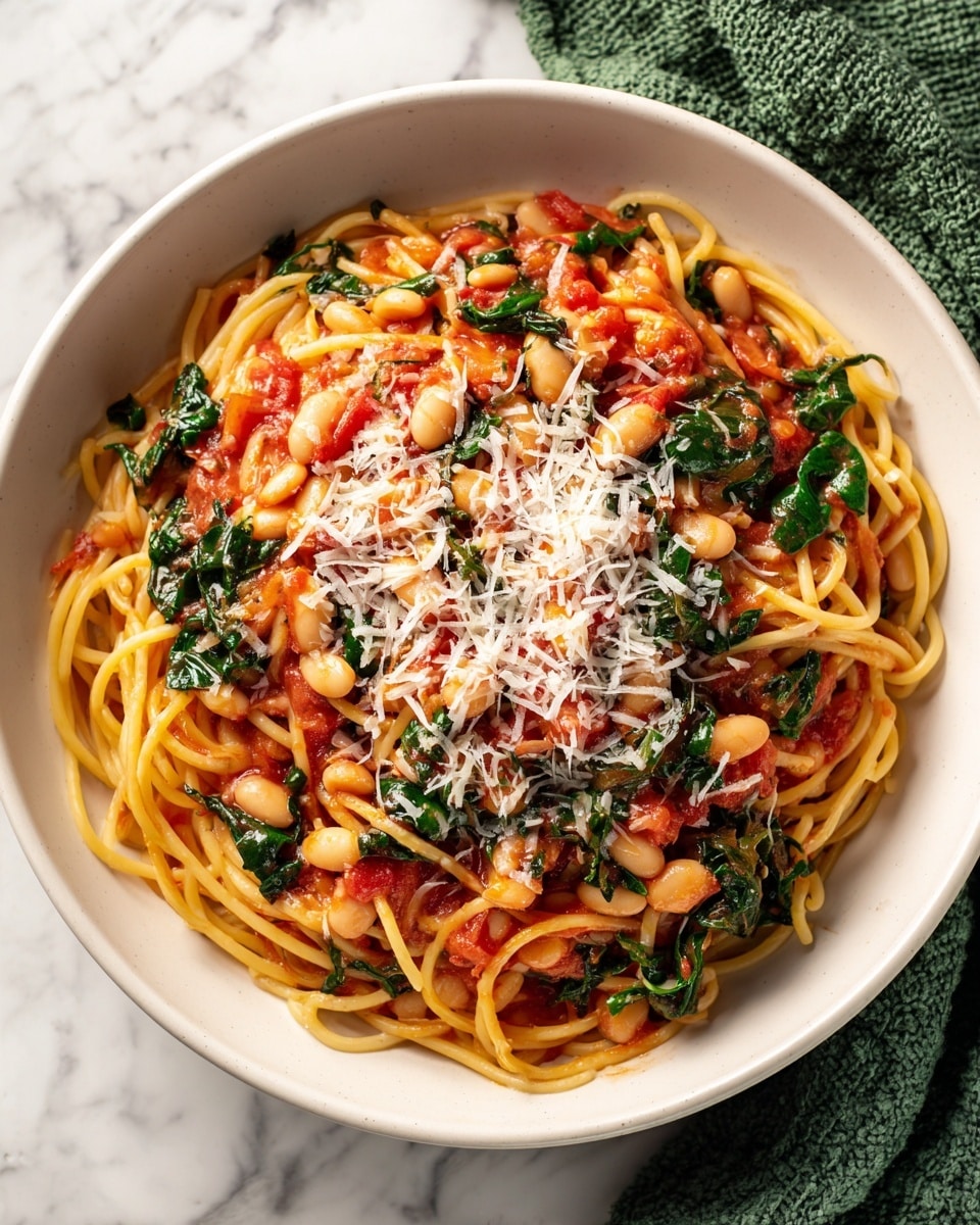 The image shows a bowl of spaghetti covered with a red tomato sauce mixed with white beans and cooked green leafy vegetables, all topped with grated cheese. The pasta layer is light yellow and the sauce is thick, with visible chunks of tomato and soft green leaves. The white beans are scattered throughout the dish, adding a pale color contrast. The dish is served in a shallow white bowl placed on a white marbled surface, and a green textured cloth is partly visible at the top edge of the image. photo taken with an iphone --ar 4:5 --v 7