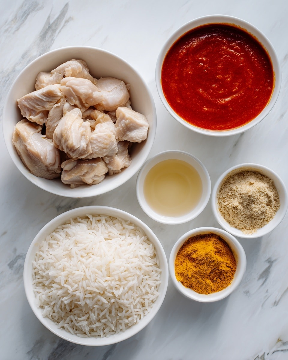 The image shows five small white bowls arranged on a white marbled surface. One bowl contains several pieces of cooked chicken, light brown in color with a soft texture. Another bowl holds uncooked white rice, fluffy and grainy. A third bowl has a smooth, thick red sauce that fills the bowl evenly. Nearby, there is a bowl with a clear pale yellow liquid, somewhat translucent. The last bowl contains a small amount of bright yellow spice powder. The bowls are evenly spaced and viewed from above, creating a clean and organized look. Photo taken with an iphone --ar 4:5 --v 7