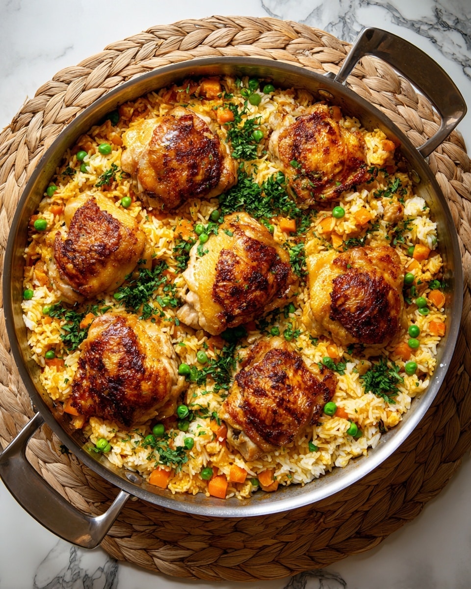 The image shows a silver pan filled with cooked rice mixed with small orange carrot cubes and green peas, creating a colorful base. On top of the rice, there are seven pieces of golden-browned roasted chicken thighs with crispy skins, arranged to cover most of the rice. Fresh green chopped herbs are sprinkled over the whole dish, adding a fresh contrast to the warm tones of the chicken and rice. The pan rests on a woven mat set on a white marbled surface. Photo taken with an iphone --ar 4:5 --v 7
