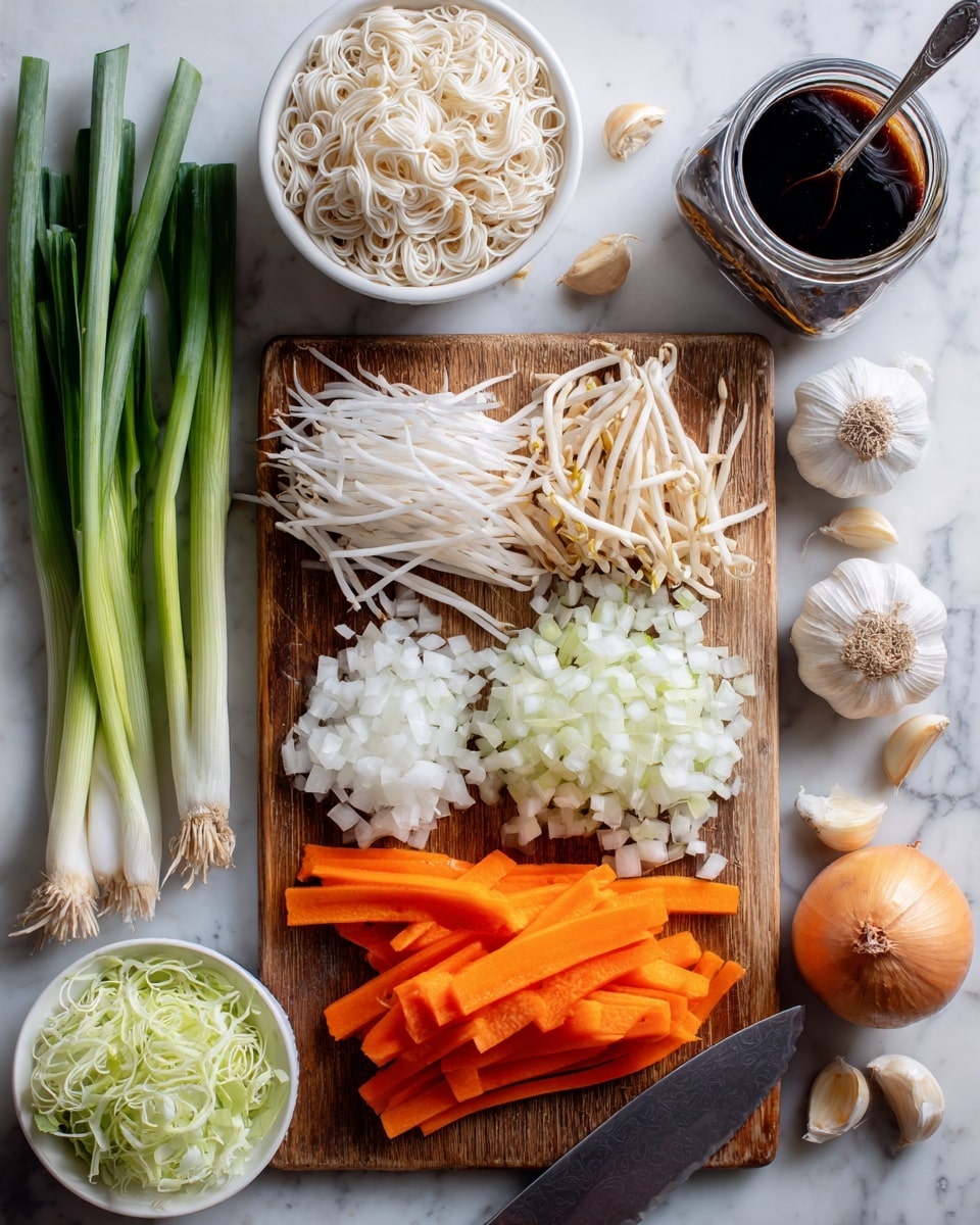 The image shows a wooden board in the center on a white marbled surface. On the board, there are three layers: the bottom layer has thick slices of orange carrots laid side by side, the middle layer has chopped white onions spread out, and the top layer has a pile of white bean sprouts. Around the board, there are bowls and jars: a white bowl filled with round white noodles to the top left, a small white bowl with light green shredded cabbage just below the board, stalks of green onions and cucumber sticks to the left, a glass jar with dark soy sauce topped with a metal spoon to the top right, whole garlic bulbs and a peeled garlic clove near the jar, and an onion at the bottom right corner. A woman's hand holds a large silver cleaver positioned diagonally on the board. photo taken with an iphone --ar 4:5 --v 7
