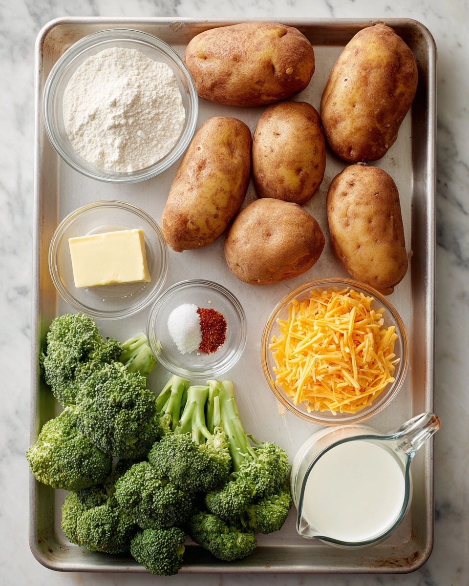 The image shows a baking sheet with four large russet potatoes lined up in a row at the top. Below the potatoes, there are several small clear glass bowls arranged neatly: one with white flour, one with salt and a small amount of red spice, one with a square of butter, and one white bowl filled with shredded bright orange cheddar cheese. At the bottom left corner of the baking sheet, there are two large bunches of fresh green broccoli florets, and on the bottom right side, there is a clear glass measuring cup filled with milk. The baking sheet is placed on a white marbled background. photo taken with an iphone --ar 4:5 --v 7