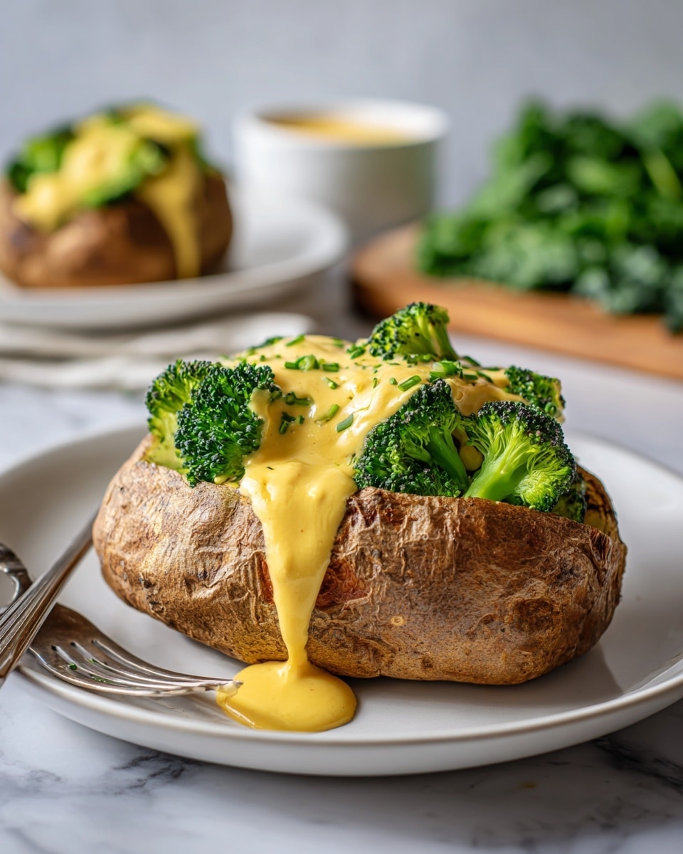 The image shows a baked potato with a rough brown skin split open in the middle, filled with bright green broccoli florets, all covered with a smooth, creamy yellow cheese sauce dripping down the sides. The potato is placed on a white plate with a shiny silver fork to the side, and fresh green spinach leaves are arranged in the foreground. In the background, there is another similar baked potato on a white plate, blurred slightly. The whole scene is set on a white marbled surface. Photo taken with an iphone --ar 4:5 --v 7