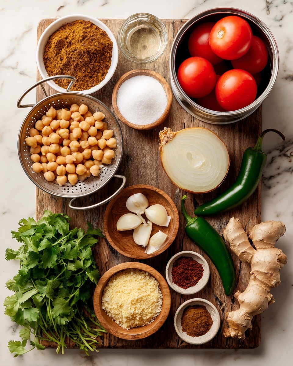 The image shows a wooden board placed on a white marbled surface, holding various cooking ingredients arranged neatly. On the top left of the board, there is a small white bowl filled with brown powdered spice, next to it a small wooden bowl with white salt. To the right, there is a whole onion and a halved onion with white and light brown layers. Below the salt, four peeled garlic cloves are scattered. Below, a wooden bowl holds finely grated ginger in light yellow color. Near the bottom of the board, fresh green cilantro leaves and a piece of light brown ginger root rest. Two green chili peppers lie horizontally on the right side. Two more small bowls, one white and one wooden, contain different brown spices. On the left side of the board, a metal colander holds round beige chickpeas, and above the colander, a can filled with bright red tomatoes and a glass bowl containing a clear liquid are placed side by side. photo taken with an iphone --ar 4:5 --v 7