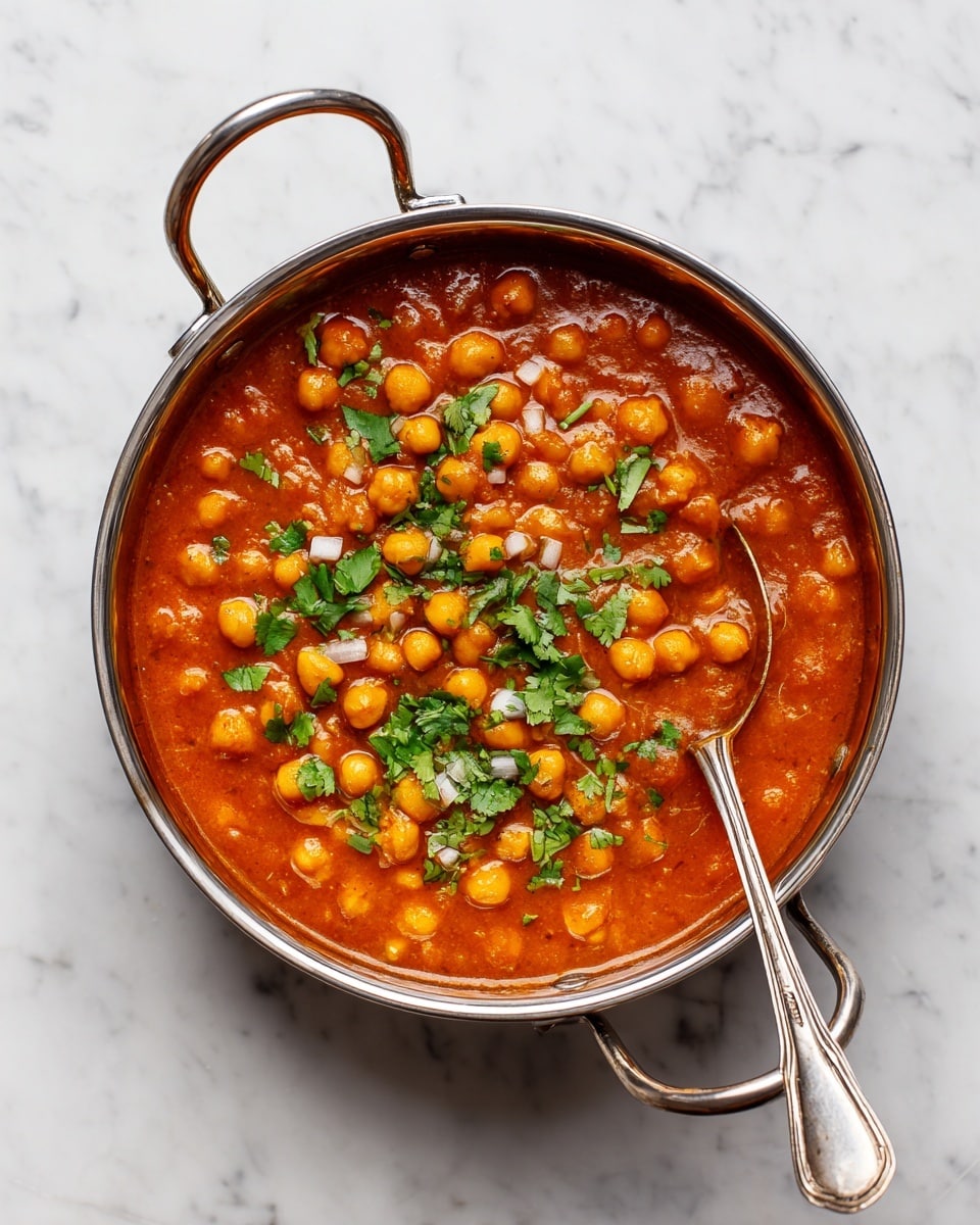 A round metal pan with two handles holds a thick reddish-orange chickpea curry, showing visible chickpeas and soft chunks in a rich sauce. The dish is topped with small pieces of chopped white onion and bright green cilantro leaves, scattered evenly over the surface. A silver spoon rests inside the pan on the right side, slightly immersed in the curry. The pan sits on a white marbled surface, and the overall colors are warm and inviting. photo taken with an iphone --ar 4:5 --v 7