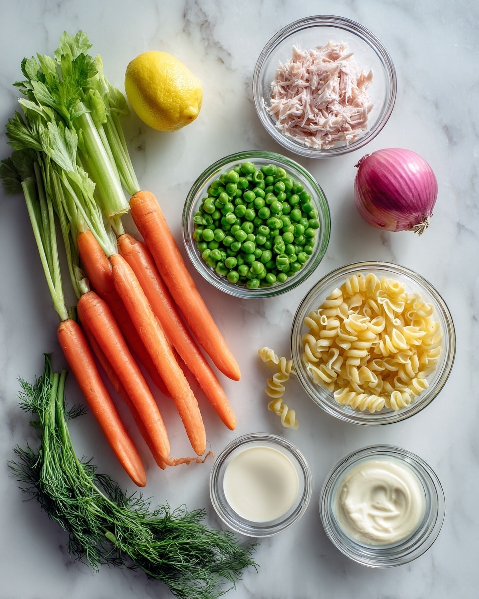 The image shows a white marbled surface with several clear glass bowls and fresh vegetables arranged neatly. There are three long, bright orange carrots placed diagonally in the center. To the left, three fresh celery stalks with green leaves lie next to a small glass bowl filled with bright green peas. Above the carrots, there is a small glass bowl with light pink shredded tuna, and next to it is a whole lemon and a red onion. On the right side, a clear glass bowl is filled with dry yellow macaroni pasta, and next to it are three small bowls with white creamy sauce, light yellow powder, and a bit of white creamy liquid. A small bunch of fresh green dill is placed below the lemon and bowls. Photo taken with an iphone --ar 4:5 --v 7