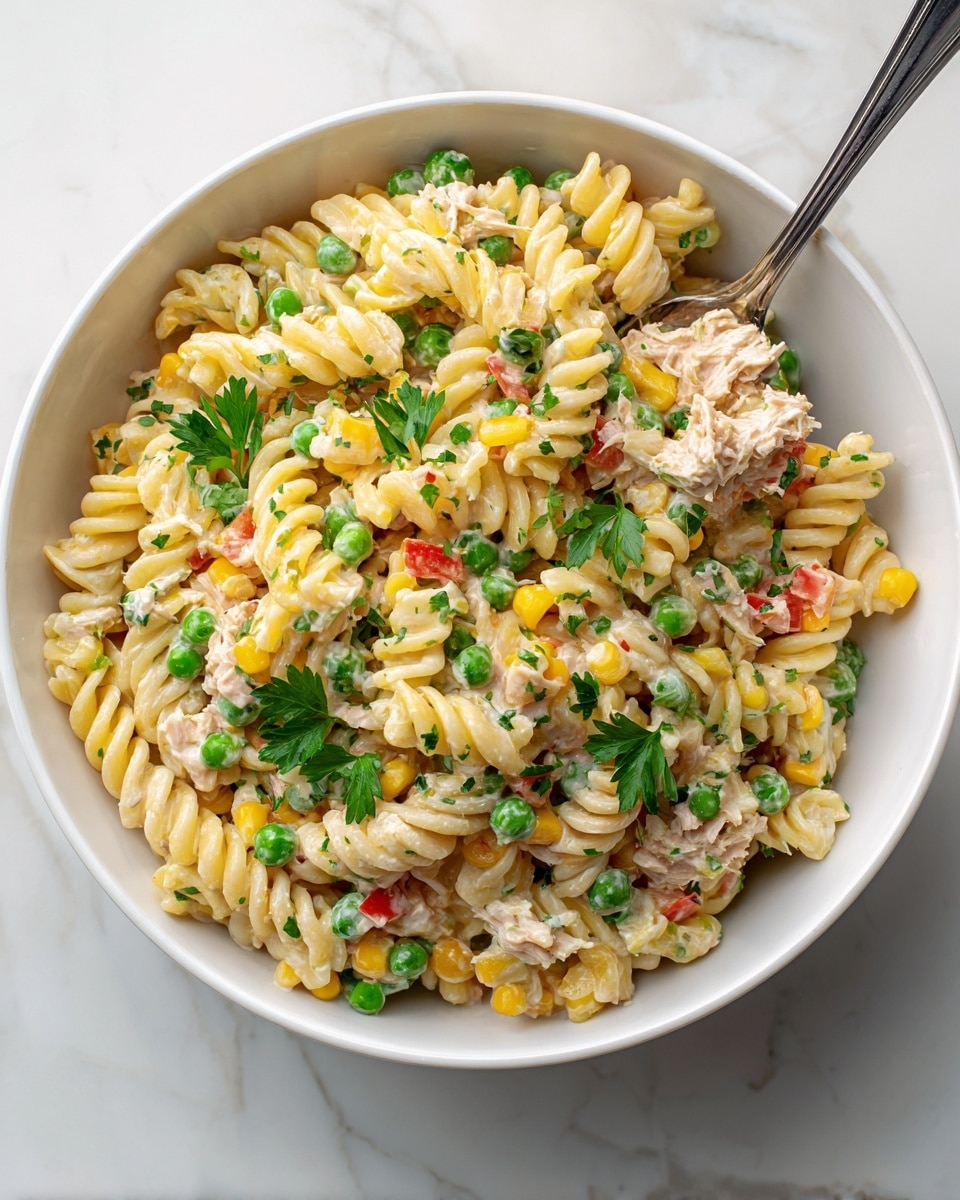In a white bowl filled with a creamy pasta salad, there are three main layers: the base layer is light yellow twisting fusilli pasta with a smooth texture; mixed into this are bright green peas and small yellow corn kernels adding pops of color; scattered throughout are red bell pepper pieces and chunks of light brown tuna fish. The salad is garnished with small sprigs of fresh green parsley. A silver spoon is partially visible inside the bowl, scooping some pasta. The bowl sits on a white marbled surface. Photo taken with an iphone --ar 4:5 --v 7