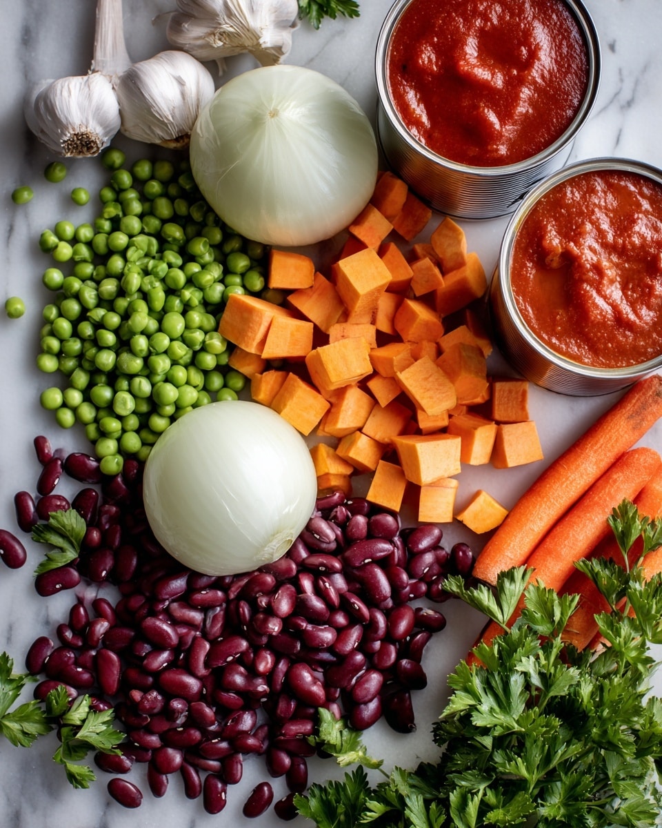 The image shows many colorful cooking ingredients spread out on a white marbled surface. There are two halves of a white onion in the middle, surrounded by small orange cubes of sweet potato and long orange carrot sticks on the right. Dark red kidney beans spill out from a silver can on the bottom left. Bright green peas are scattered above the beans, and a few garlic cloves sit in the top left corner. Two open cans filled with red tomato sauce are placed in the top right corner. Fresh green parsley leaves are spread near the bottom center among the other ingredients. photo taken with an iphone --ar 4:5 --v 7