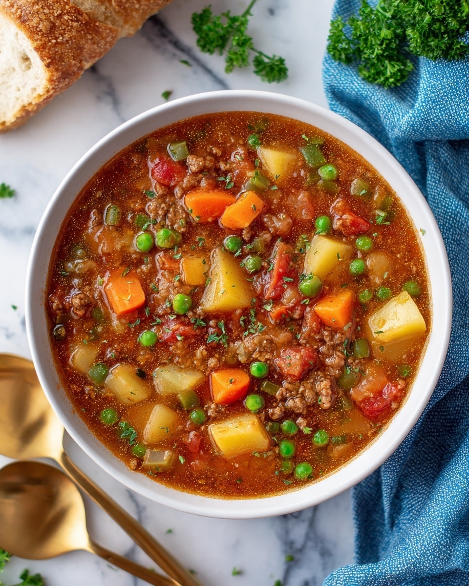 A white bowl filled with thick vegetable and ground meat soup, showing one layer of chunky diced orange carrots, green peas, pale yellow potatoes, light green beans, diced red tomatoes, and small bits of cooked ground meat all mixed in a brownish broth. The soup has a slightly textured surface with visible herbs and small pieces of onion scattered throughout. The bowl sits on a white marbled surface next to a blue cloth with two golden spoons placed nearby and a piece of crusty bread partially shown to the left. Some green parsley leaves add color to the top right corner of the image, while a woman's hand is not visible in this scene. Photo taken with an iphone --ar 4:5 --v 7
