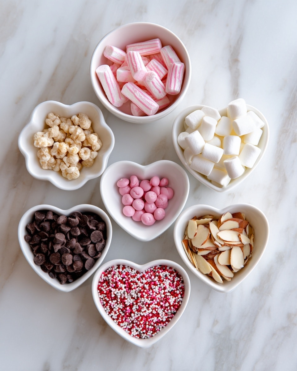 The image shows seven white bowls on a white marbled surface, each with different sweet toppings. The top bowl is round and contains pink candy pieces with white stripes. Below it to the right is a heart-shaped bowl filled with small white marshmallows. To the left, there is a flower-shaped bowl with small beige pieces that look like cereal or nuts. In the center, a small round bowl holds small round pink candies. Below that, a heart-shaped bowl has white, red, and pink sprinkles. To the left, a larger heart-shaped bowl is filled with small dark chocolate chips. At the bottom right, another flower-shaped bowl holds light brown almond slices. The bowls are arranged in a loose vertical line from top to bottom. photo taken with an iphone --ar 4:5 --v 7