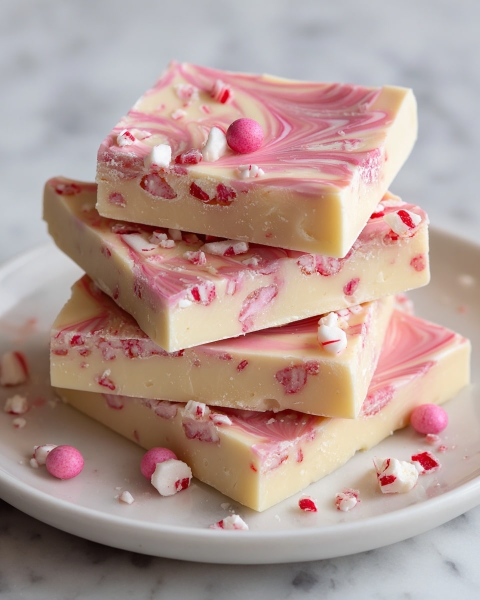 The image shows a stack of peppermint bark pieces on a white plate set on a white marble surface. The bark layers include a smooth bottom layer of white chocolate with a creamy texture. On top, there is a thicker layer of swirled pink and white chocolate creating a marbled effect. Scattered on the surface are small round pink and red candy pieces, adding a pop of color and texture. The bark pieces are unevenly broken, revealing the layers and candies clearly. photo taken with an iphone --ar 4:5 --v 7